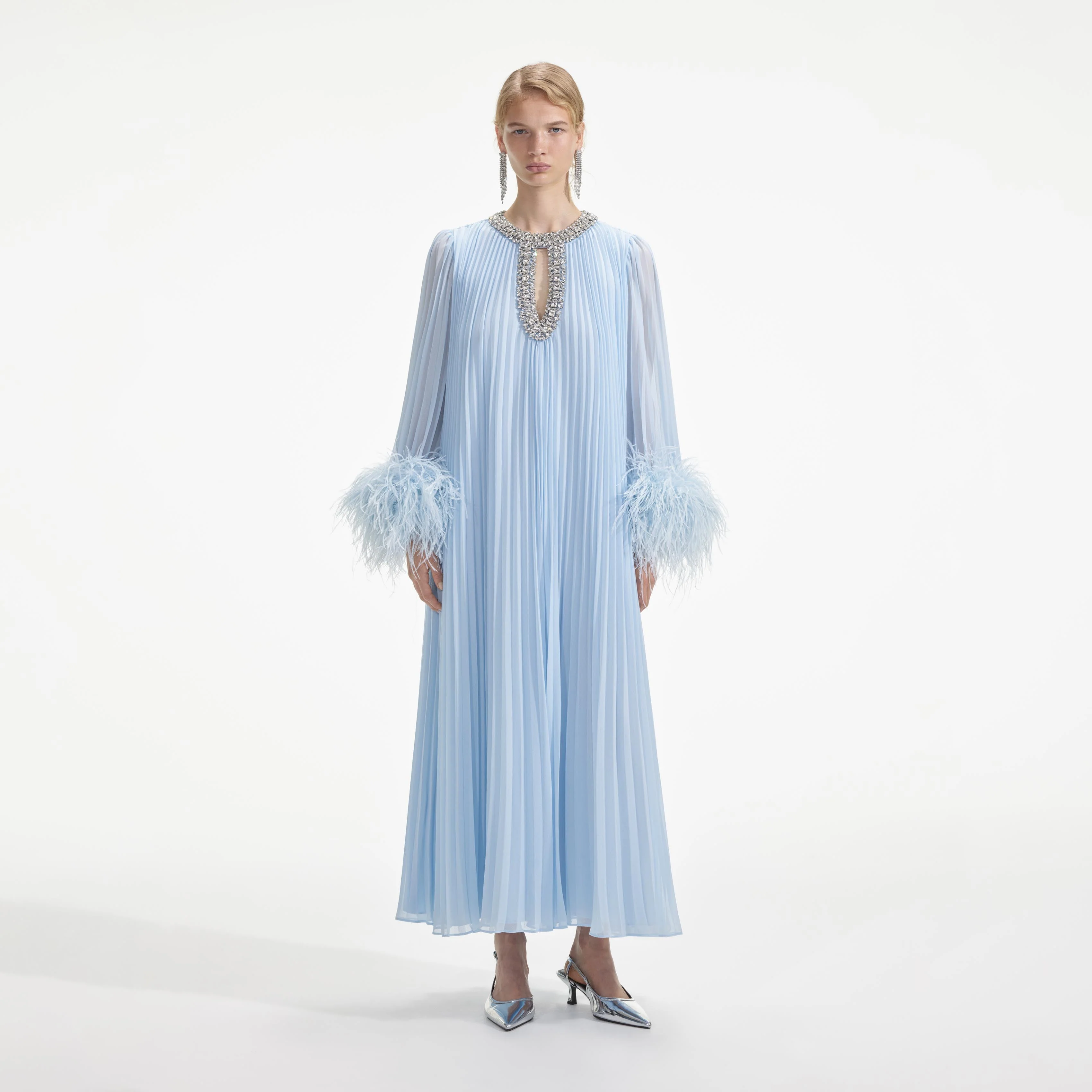 Blue Chiffon Feather Midi Dress