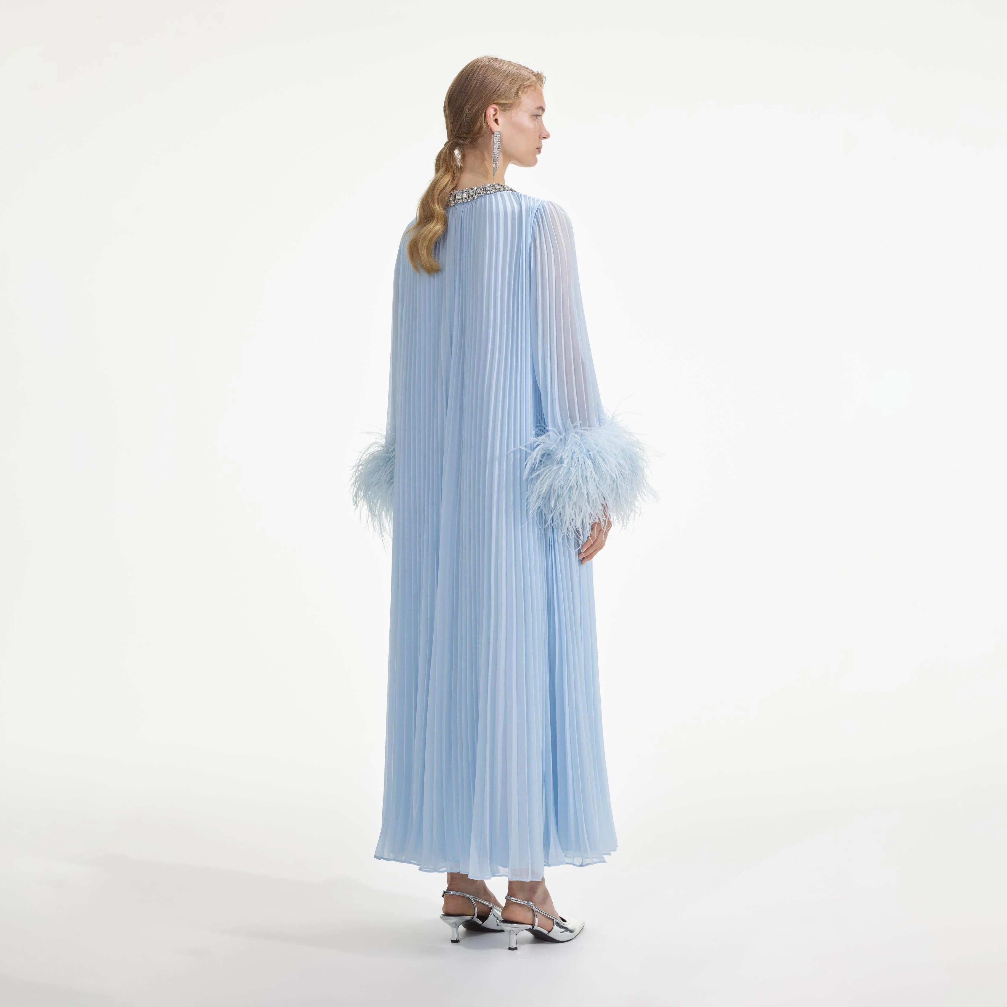 Blue Chiffon Feather Midi Dress - Image 3