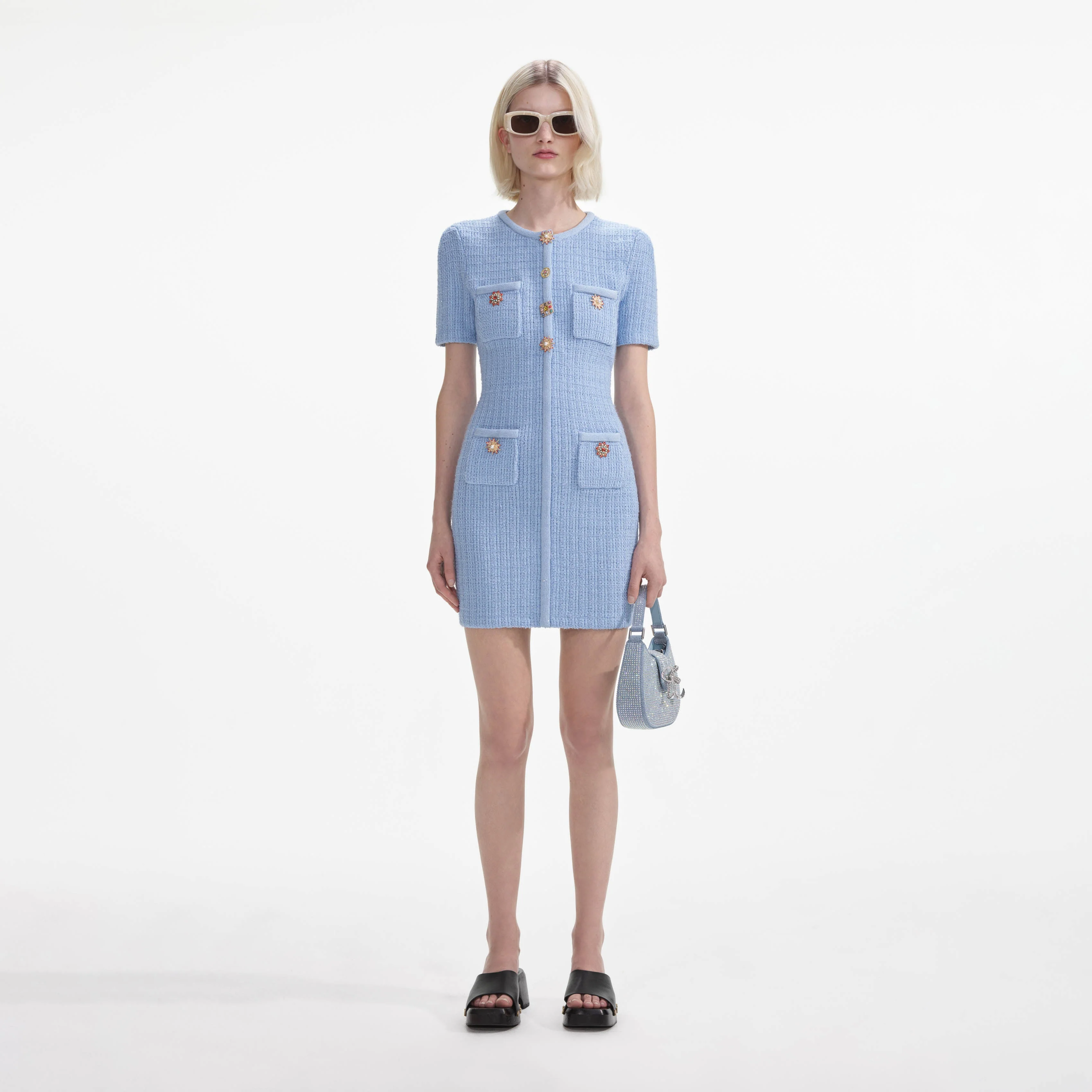 Blue Jewel Button Knit Mini Dress