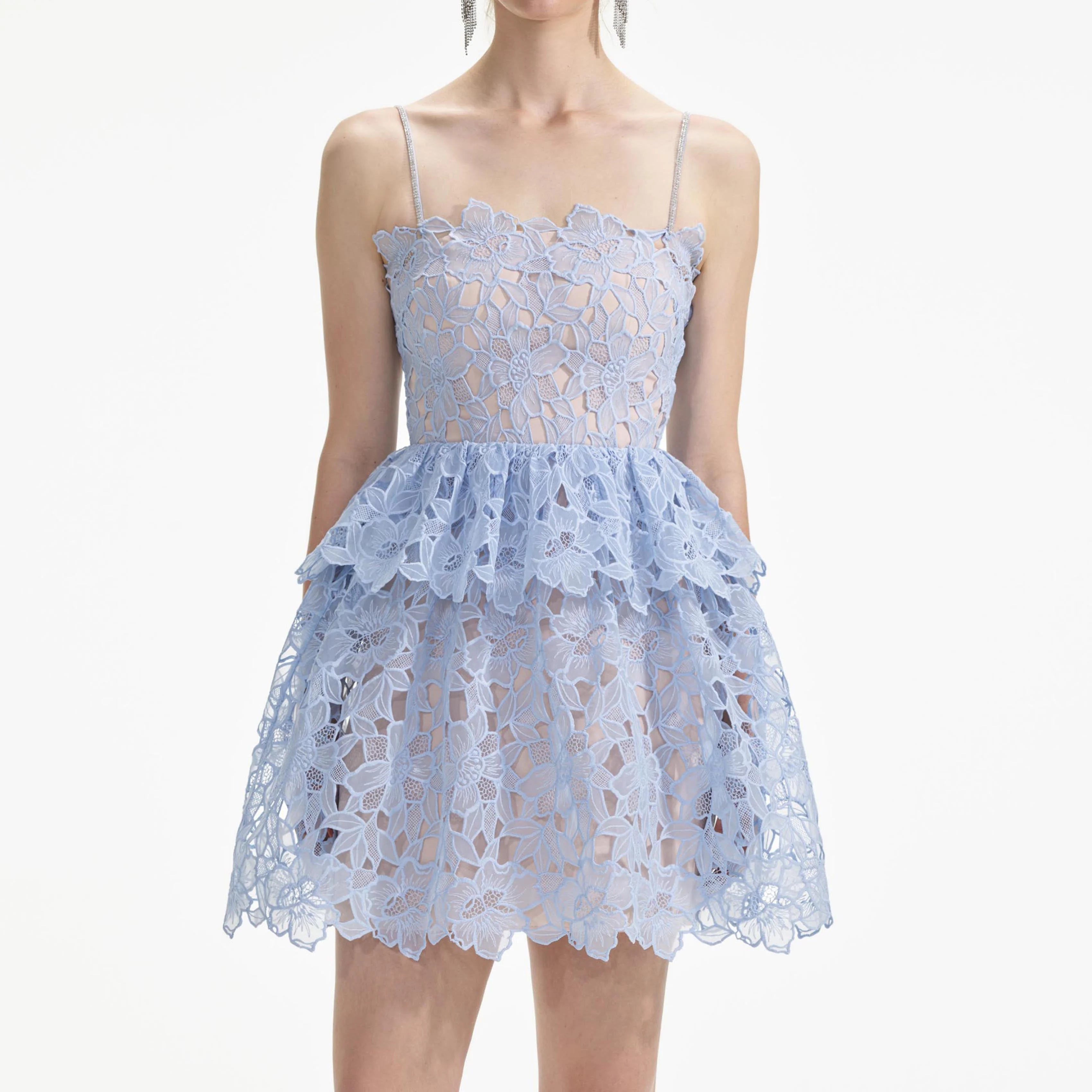 Blue Organza Lace Mini Dress - Image 4