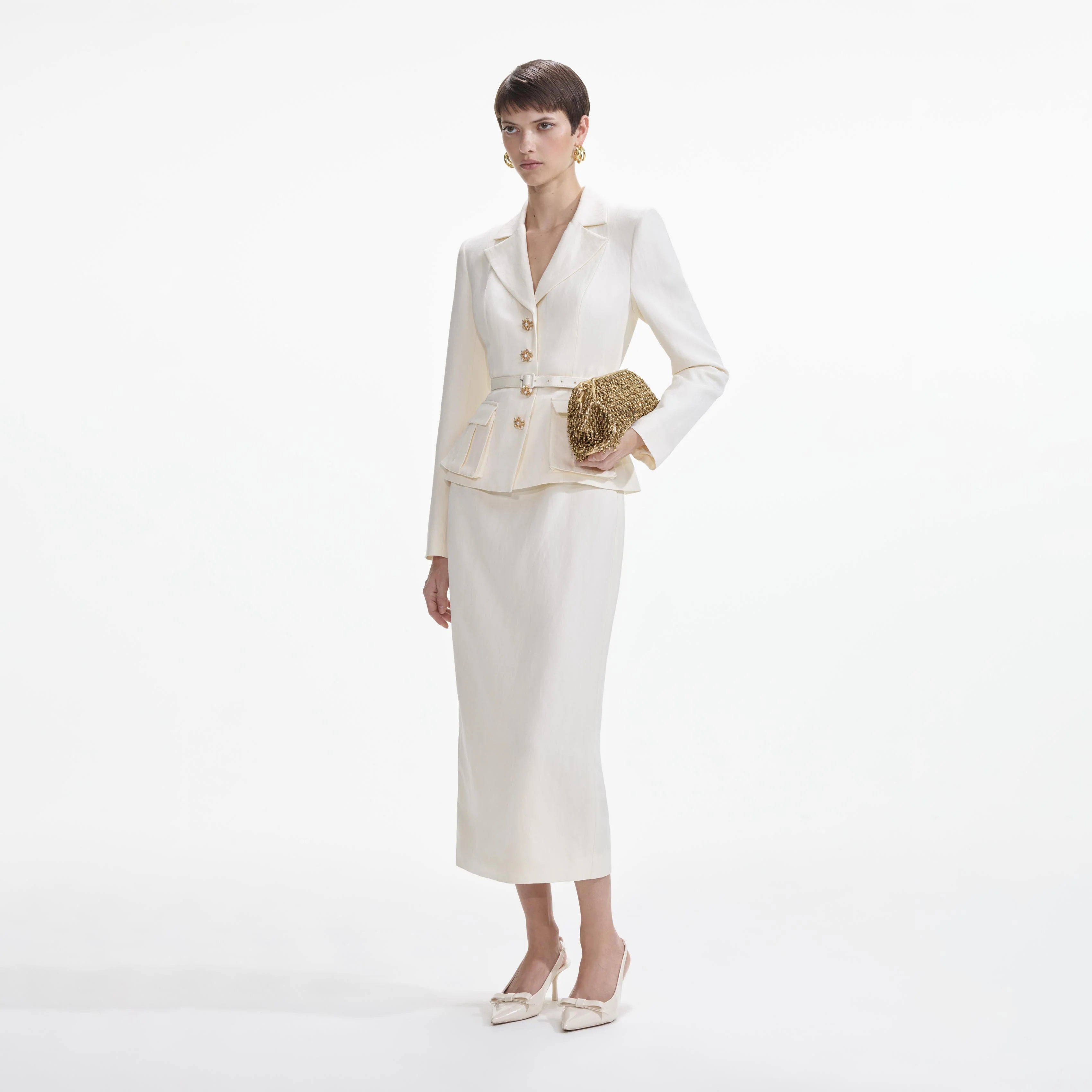 Cream Linen Tailored Midi Dress - Image 2