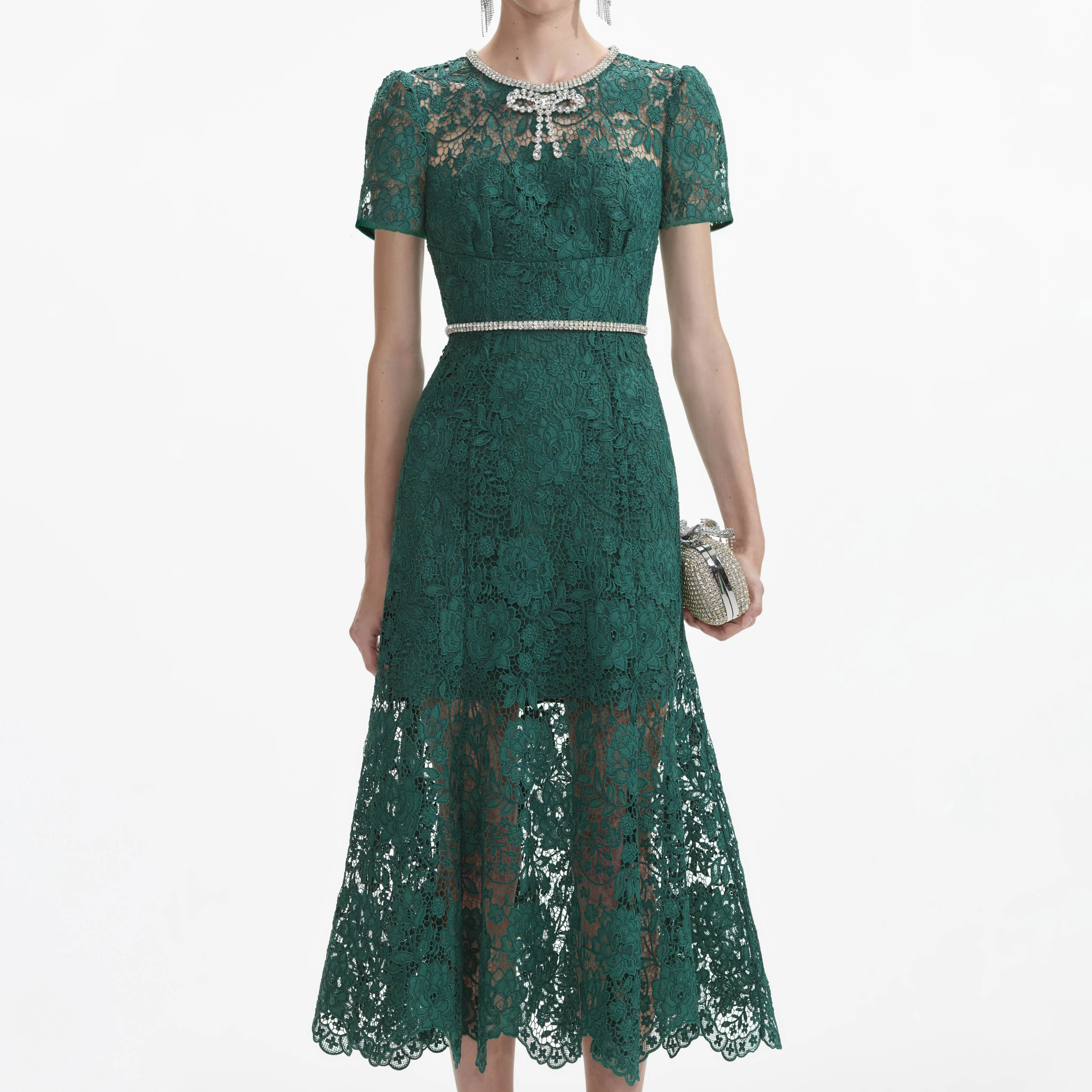 Green Lace Diamante Bow Midi Dress - Image 4