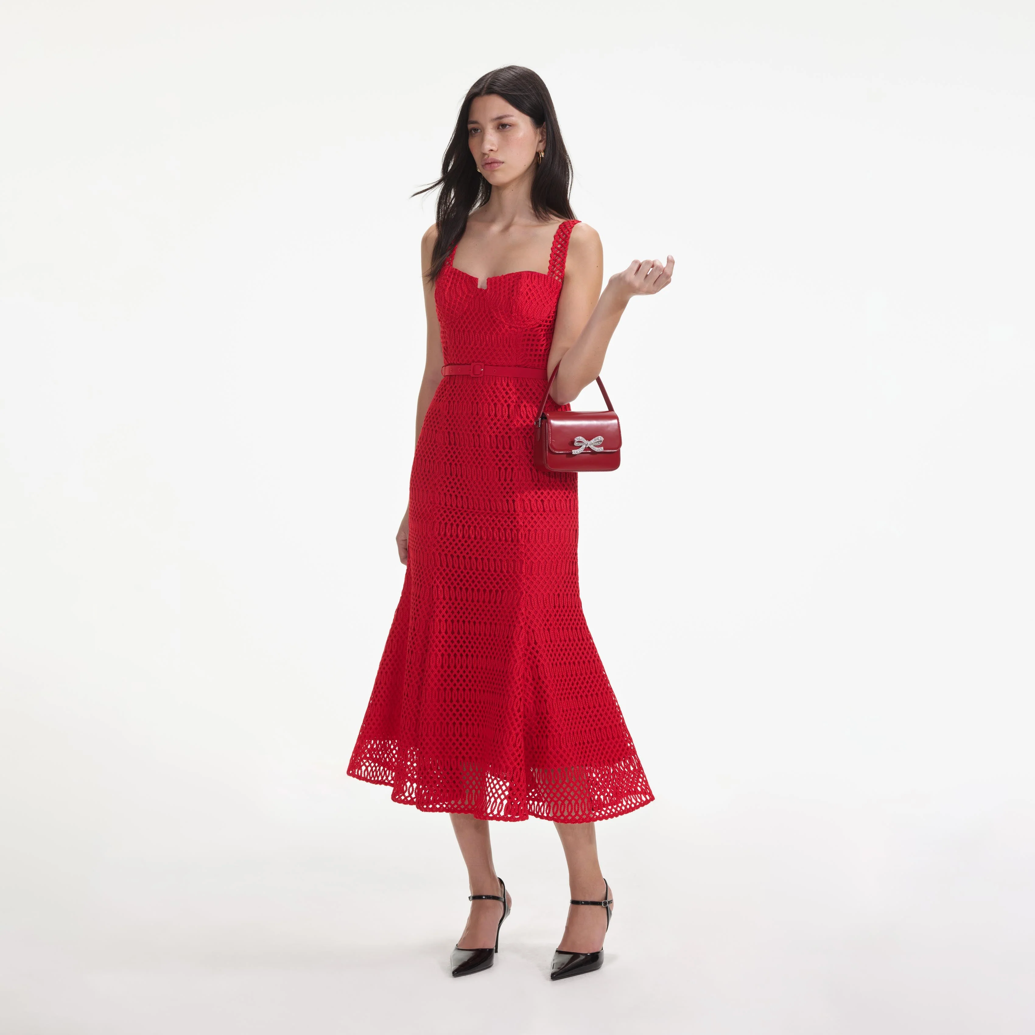 Red Lattice Lace Midi Dress - Image 2