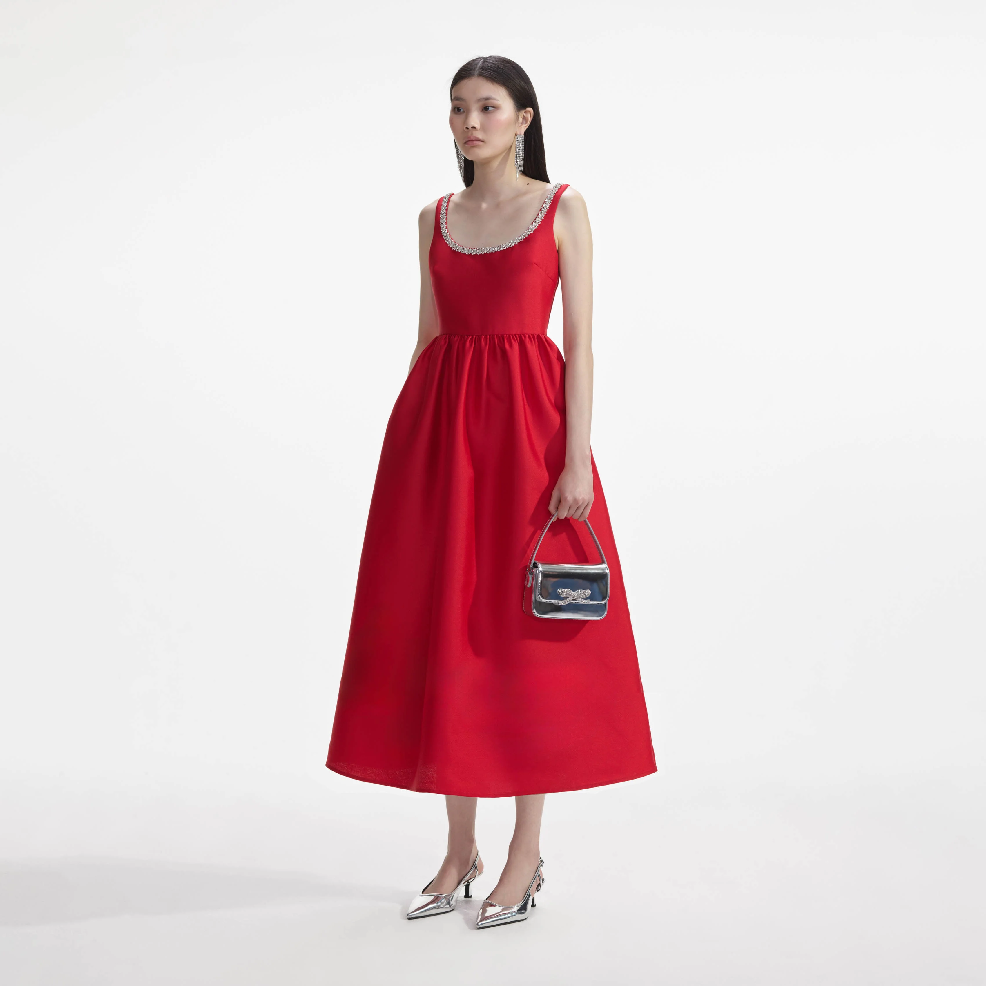 Red Taffeta Diamante Midi Dress - Image 2