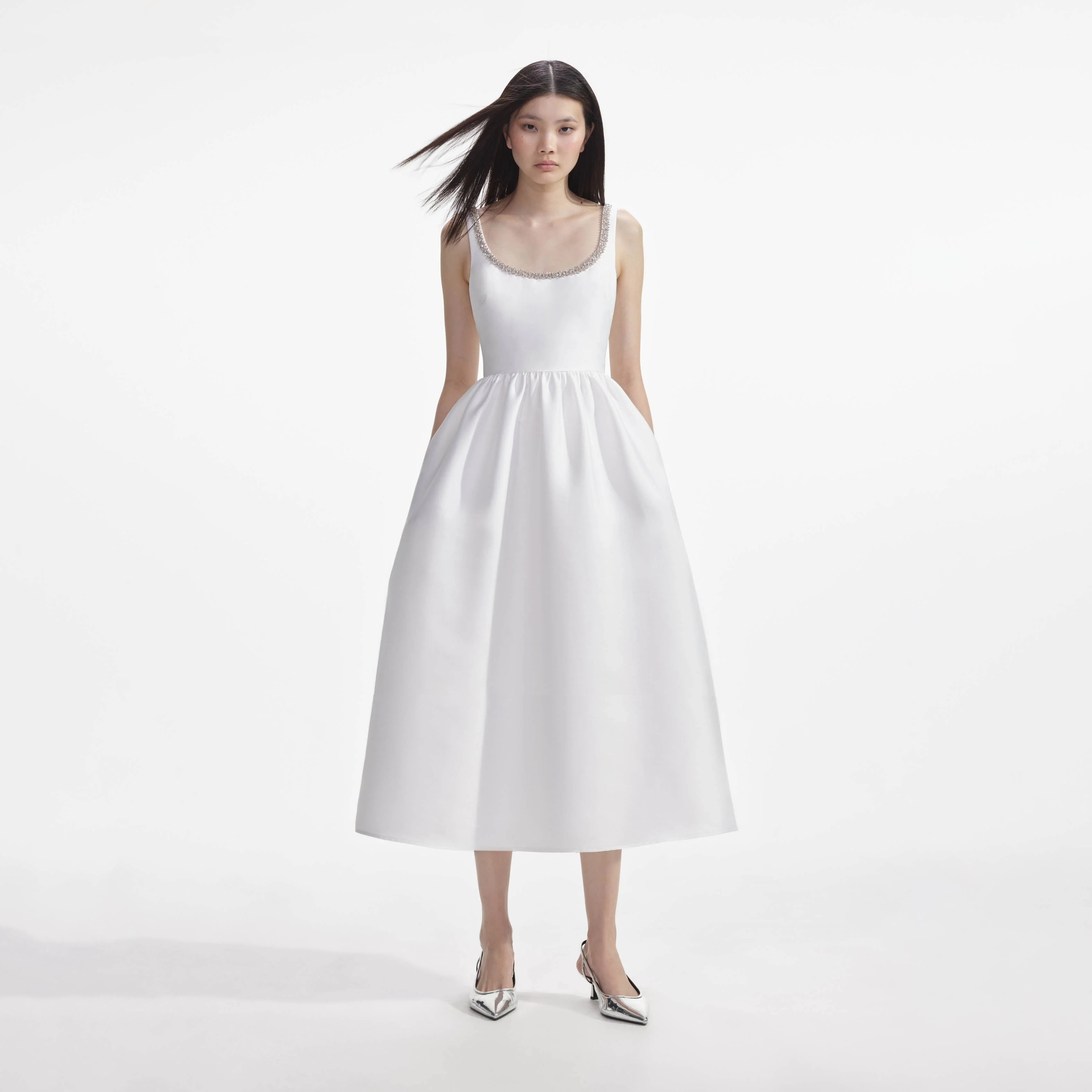 White Taffeta Diamante Midi Dress