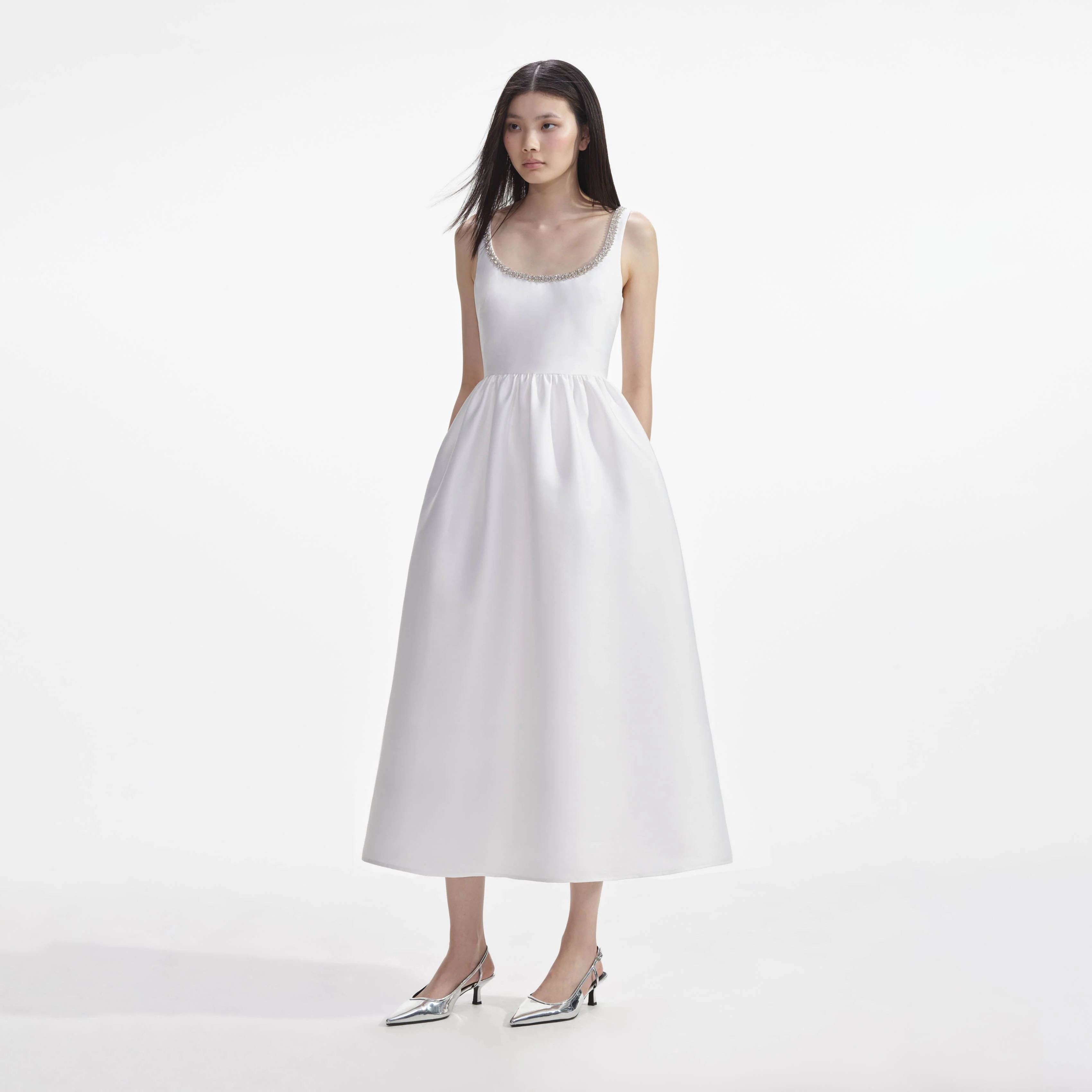 White Taffeta Diamante Midi Dress - Image 2