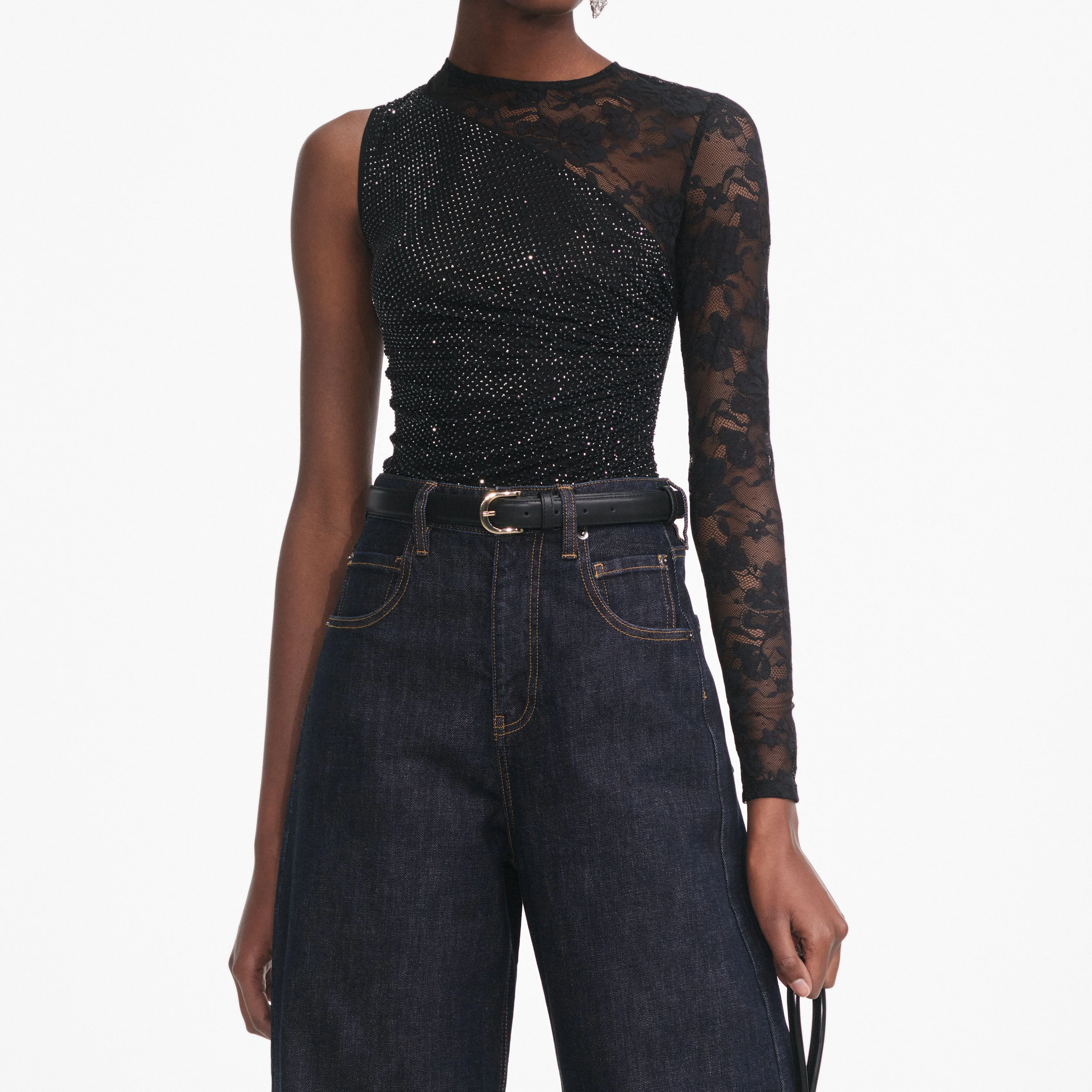 Black Rhinestone Lace Sleeve Top - Image 4
