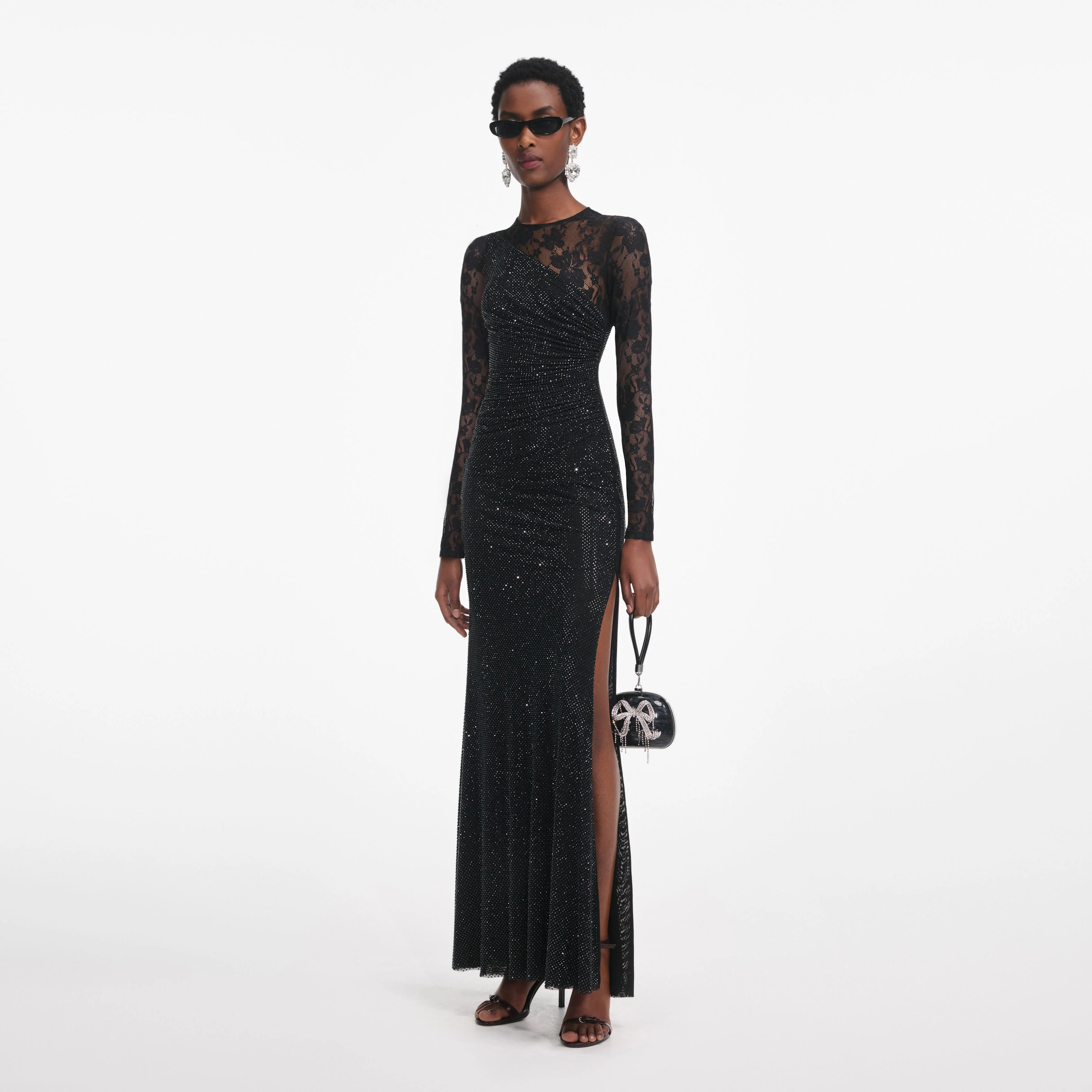 Black Rhinestone Lace Sleeves Maxi Dress - Image 2