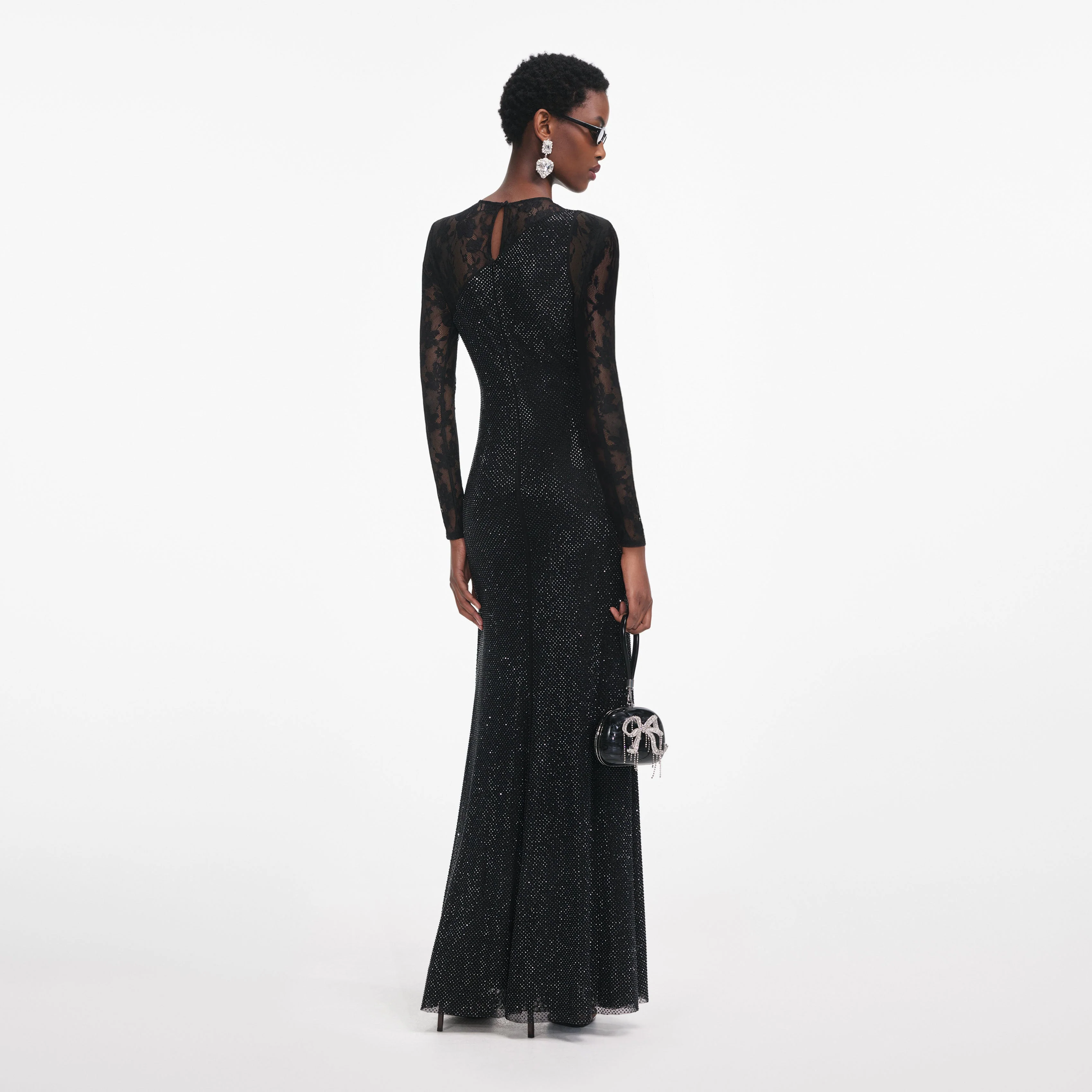 Black Rhinestone Lace Sleeves Maxi Dress - Image 3