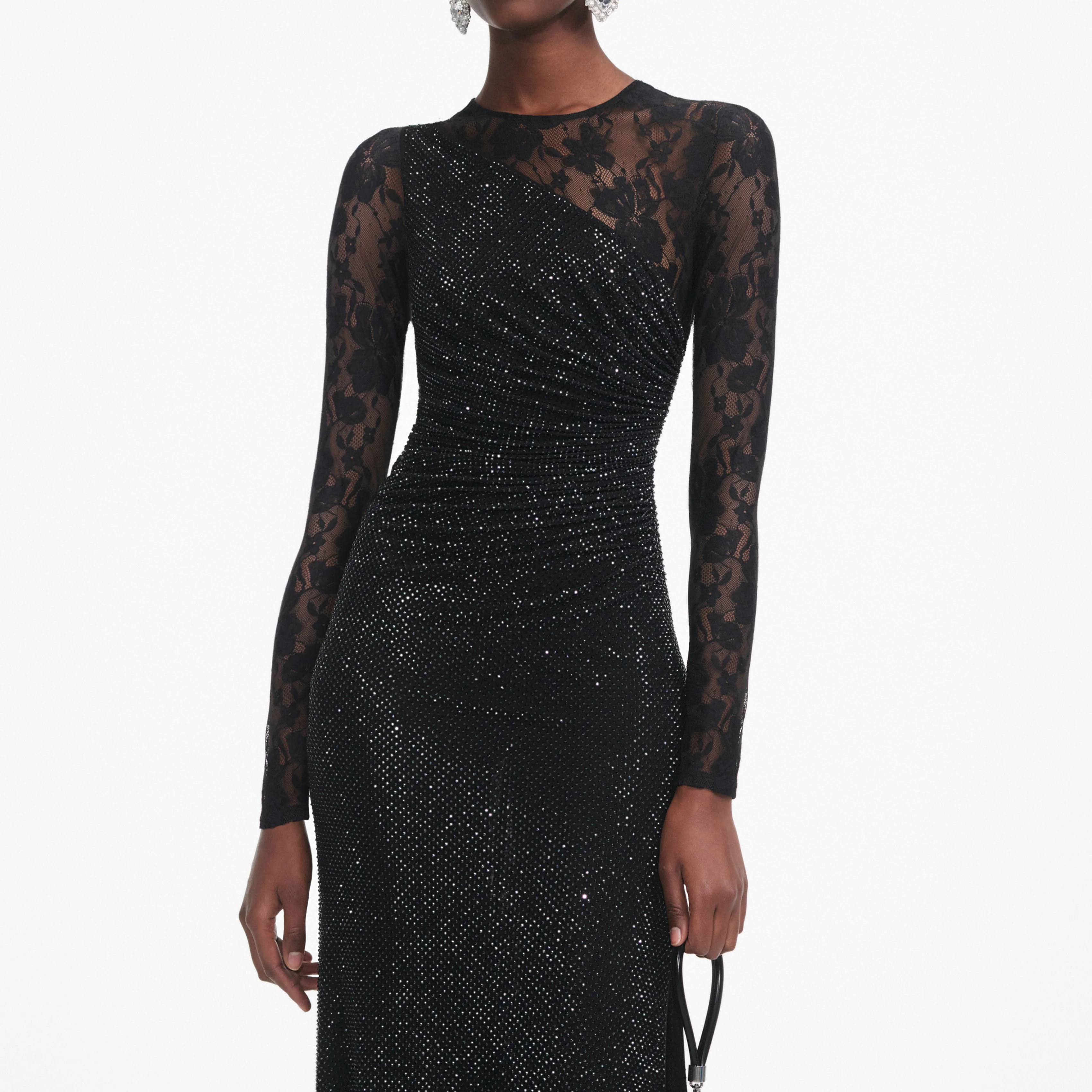Black Rhinestone Lace Sleeves Maxi Dress - Image 4