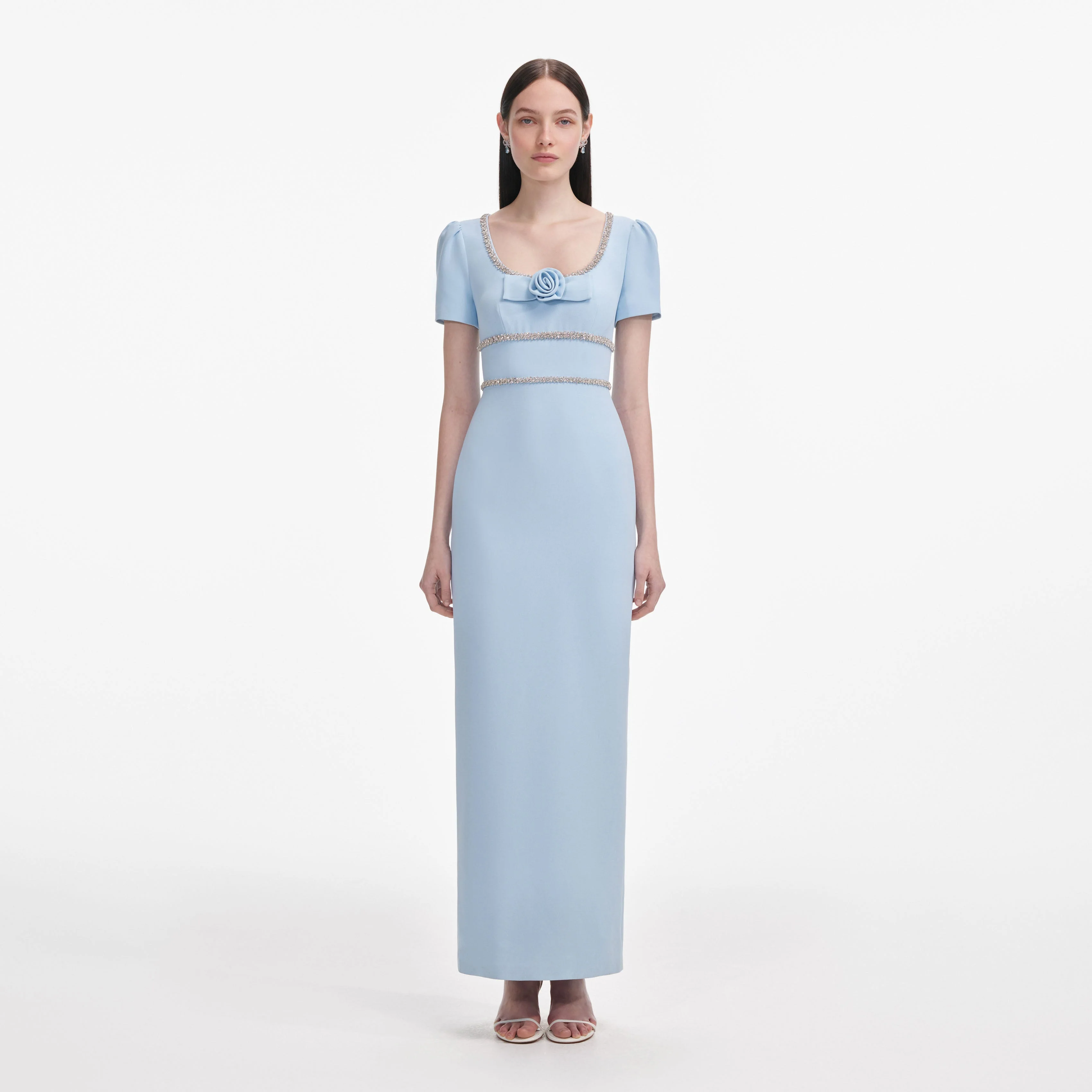 Blue Crepe Crystal Trim Maxi Dress