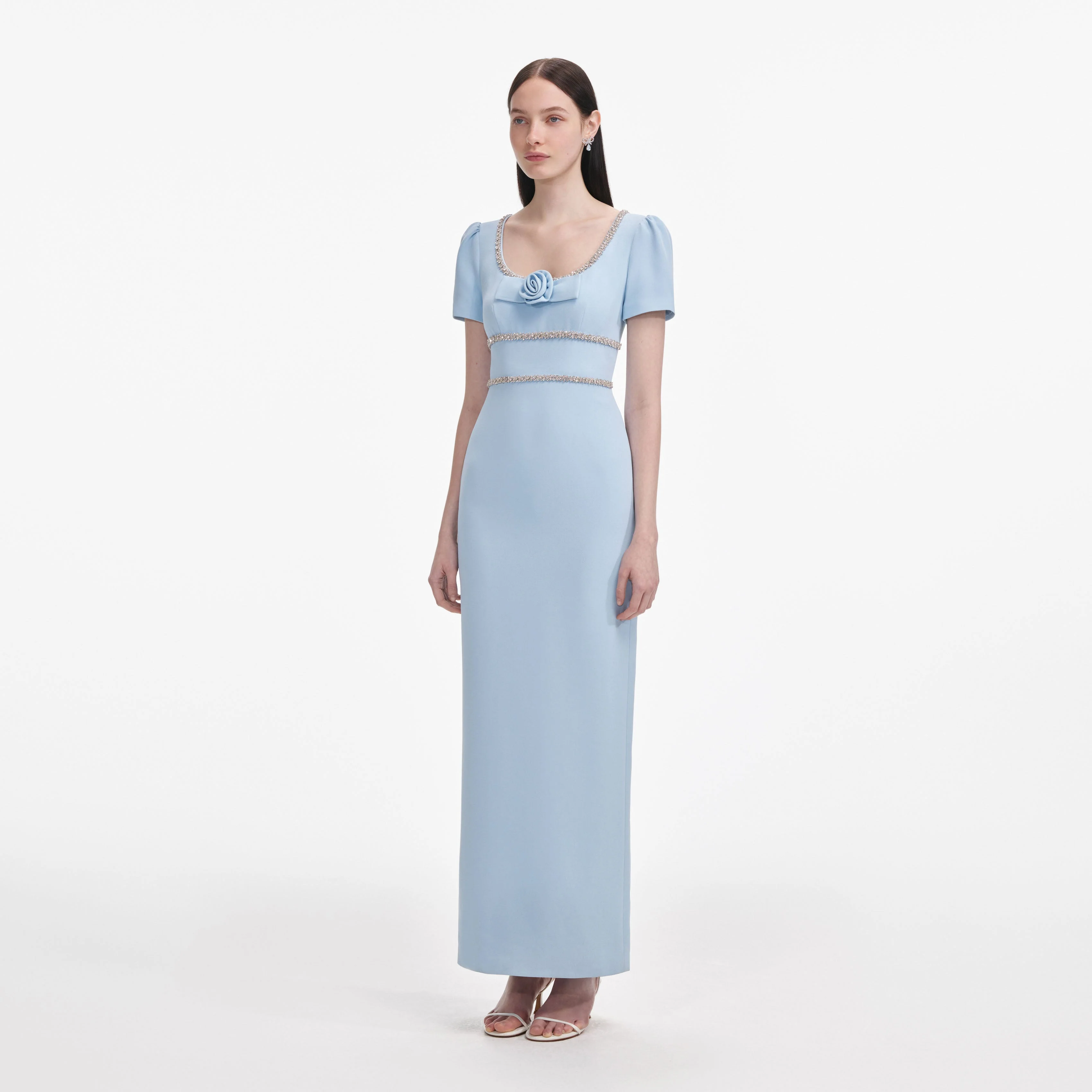 Blue Crepe Crystal Trim Maxi Dress - Image 2