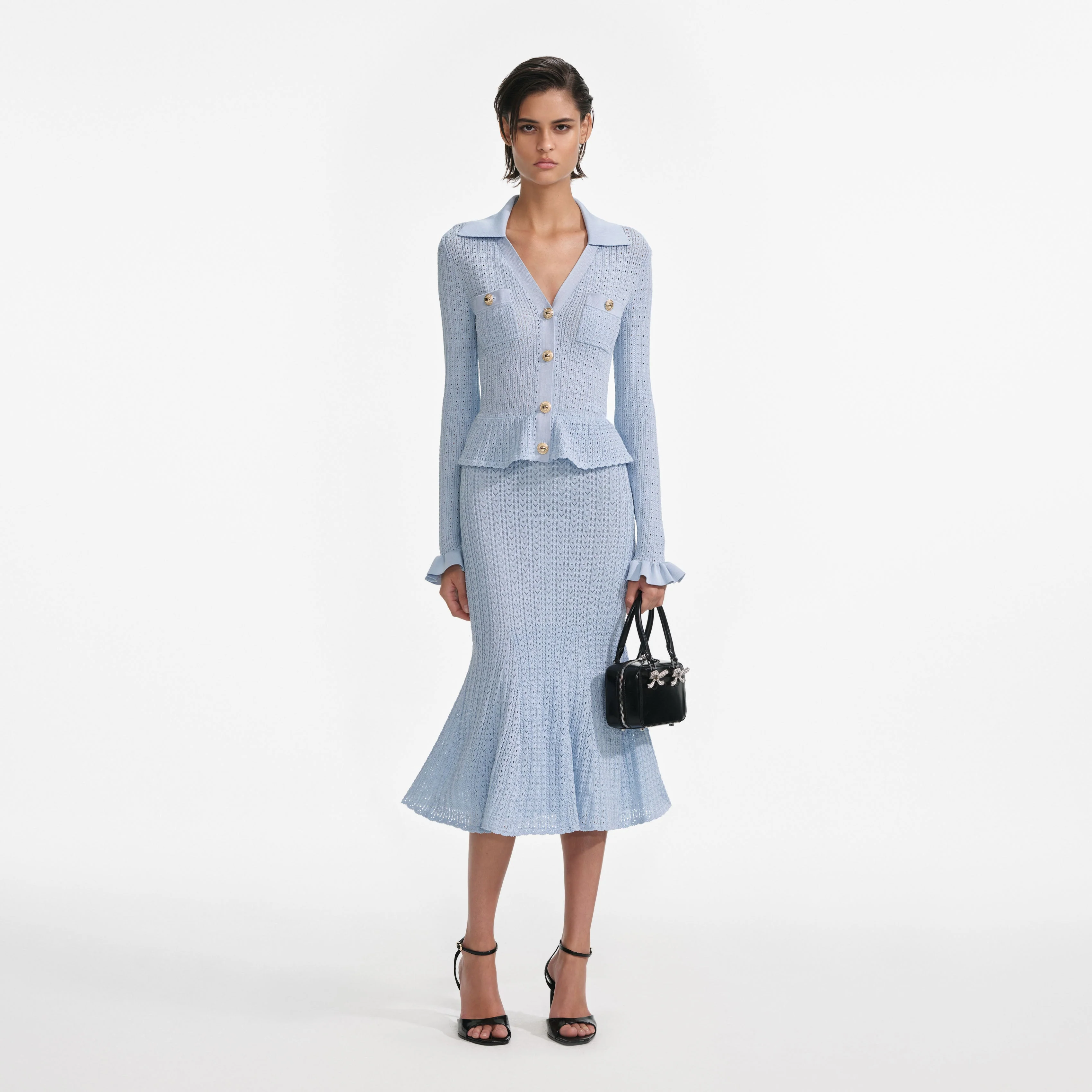 Blue Pointelle Peplum Knit Midi Dress