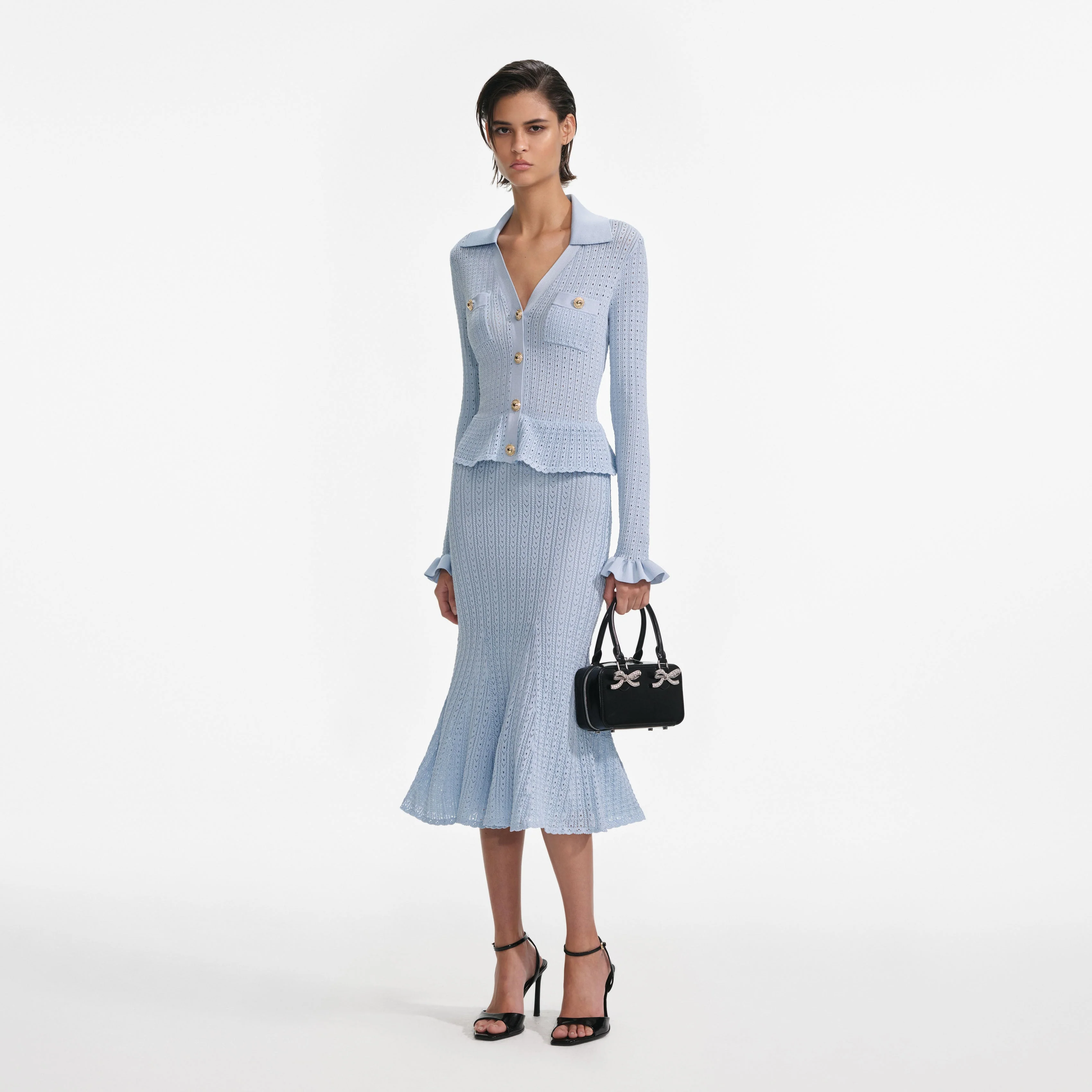 Blue Pointelle Peplum Knit Midi Dress - Image 2