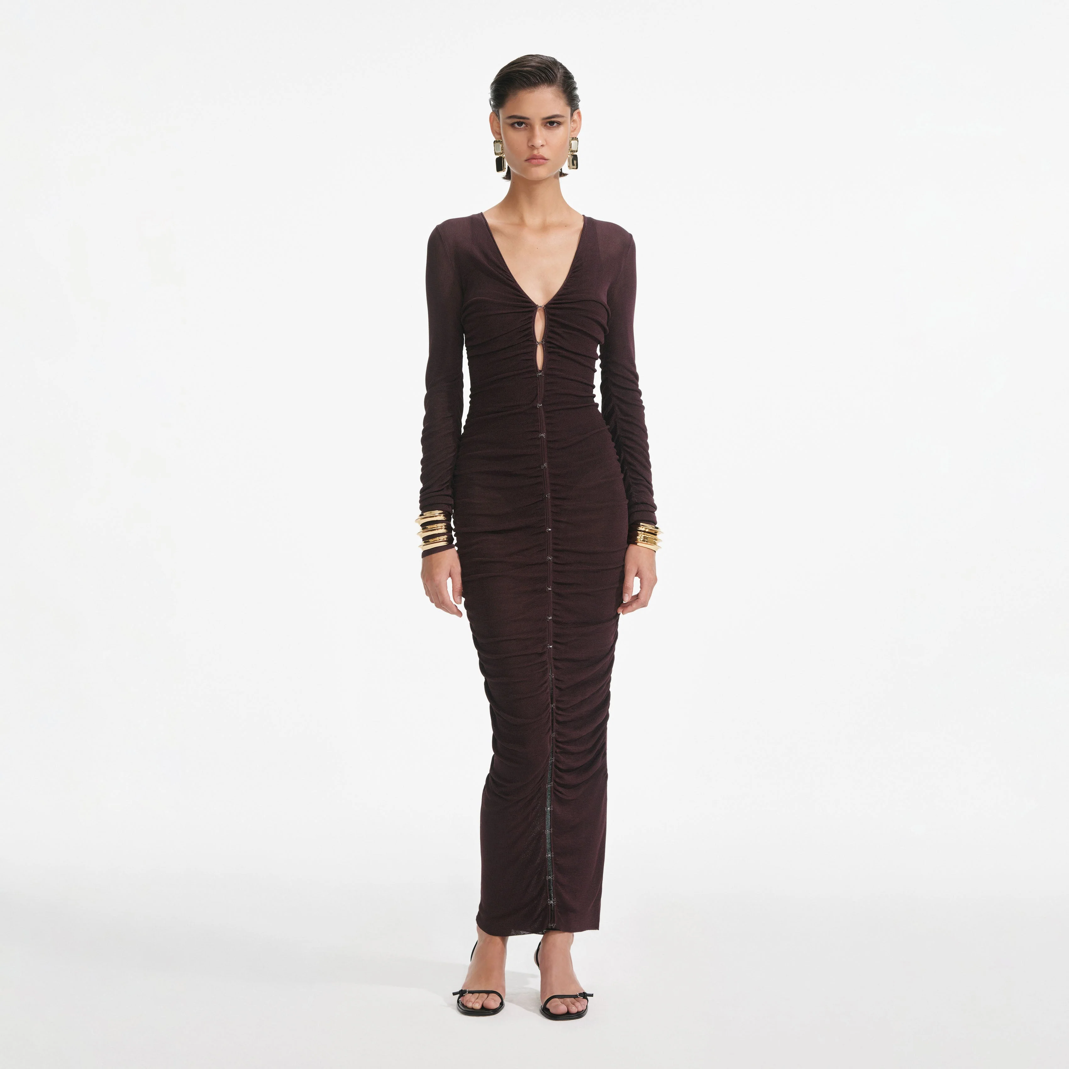 Brown Gathered Viscose Knit Midi Dress