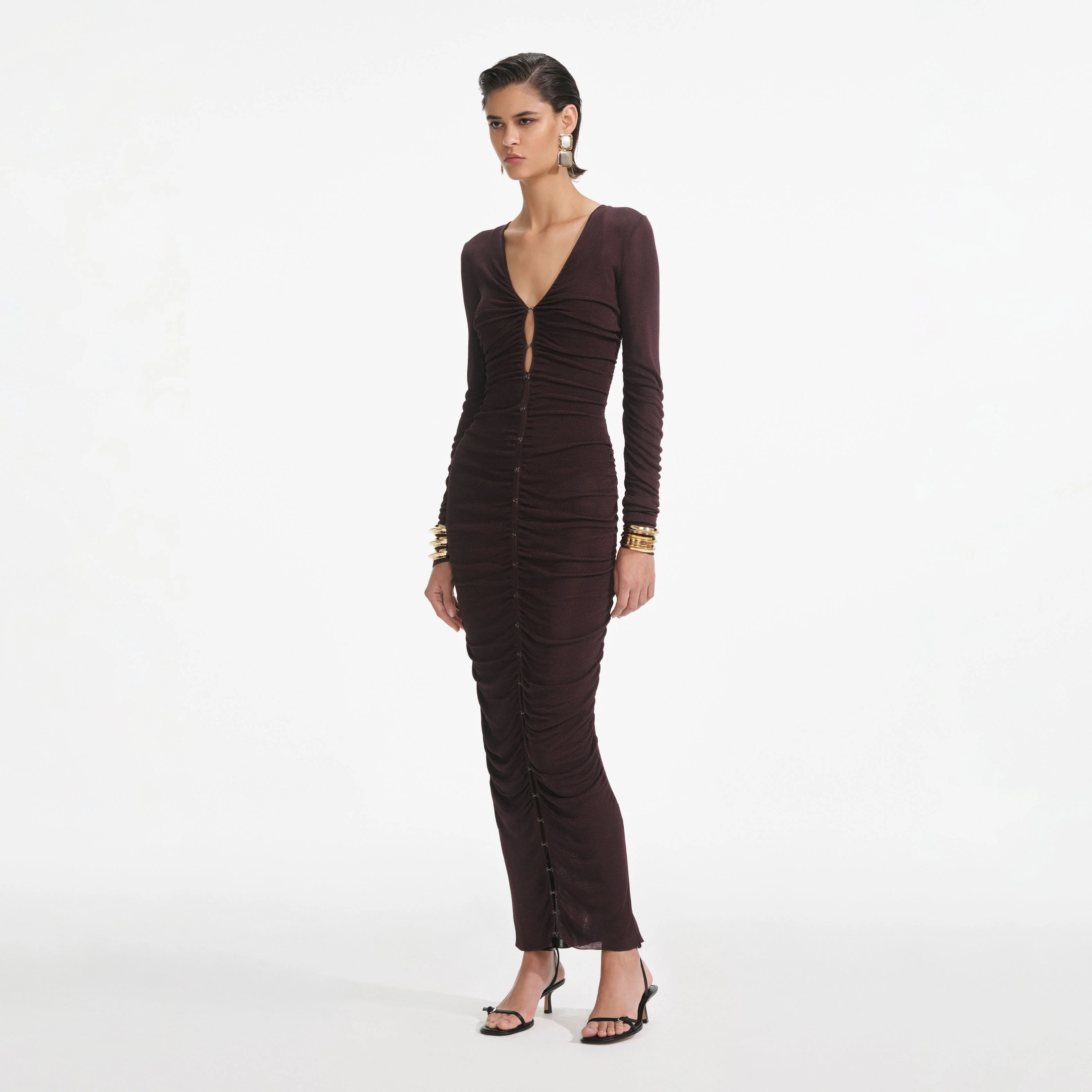 Brown Gathered Viscose Knit Midi Dress - Image 2
