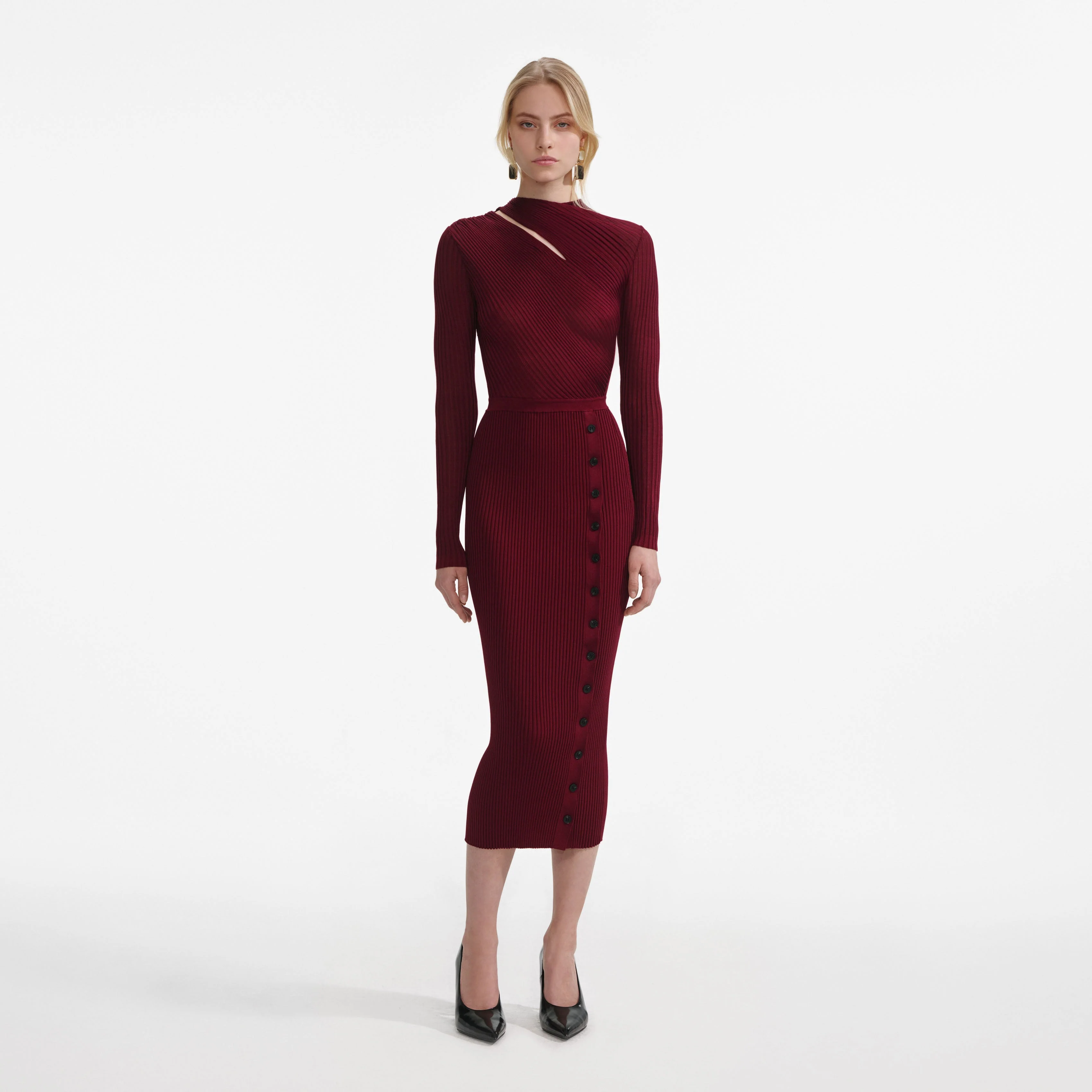 Burgundy Cut Out Rib Knit Midi Dress