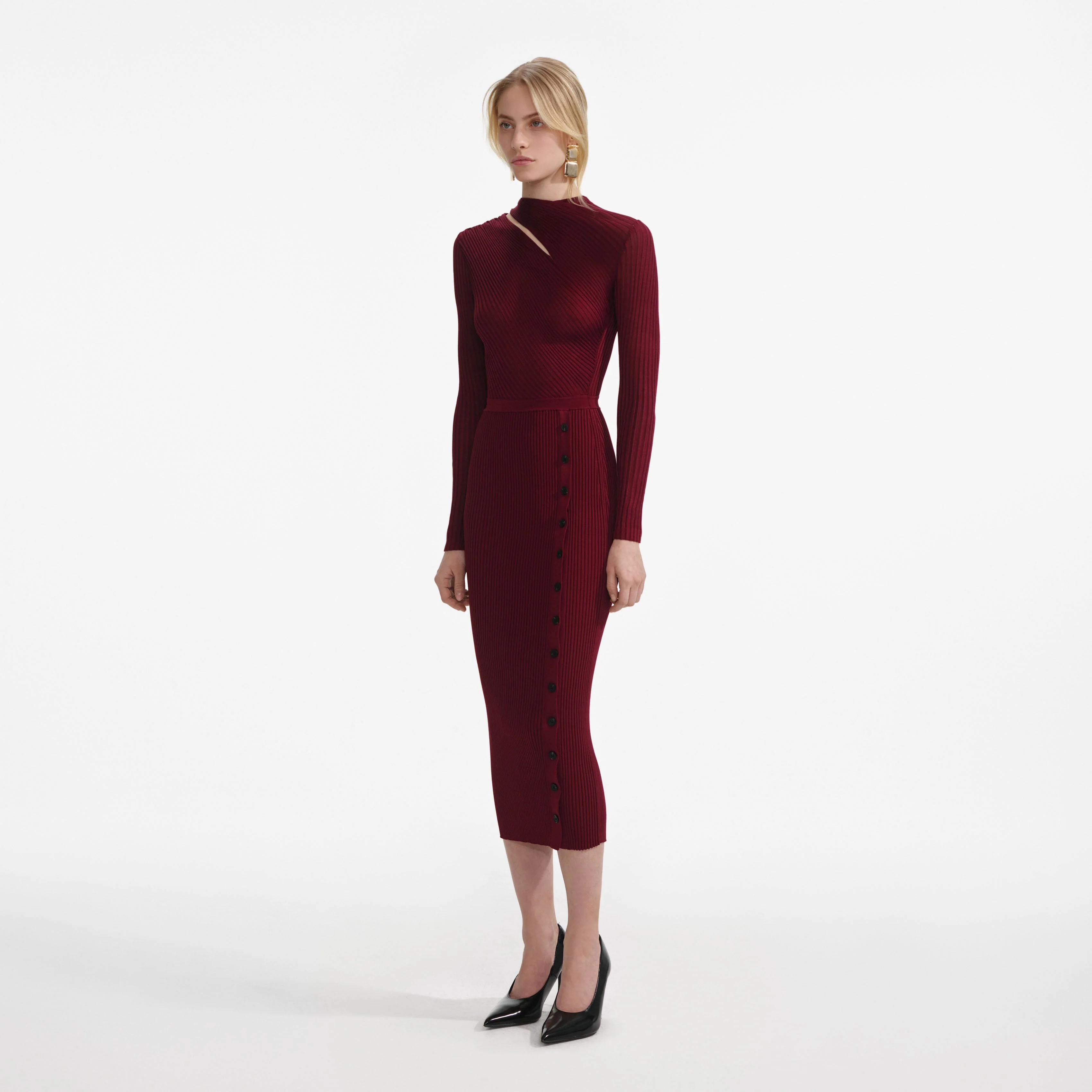 Burgundy Cut Out Rib Knit Midi Dress - Image 2