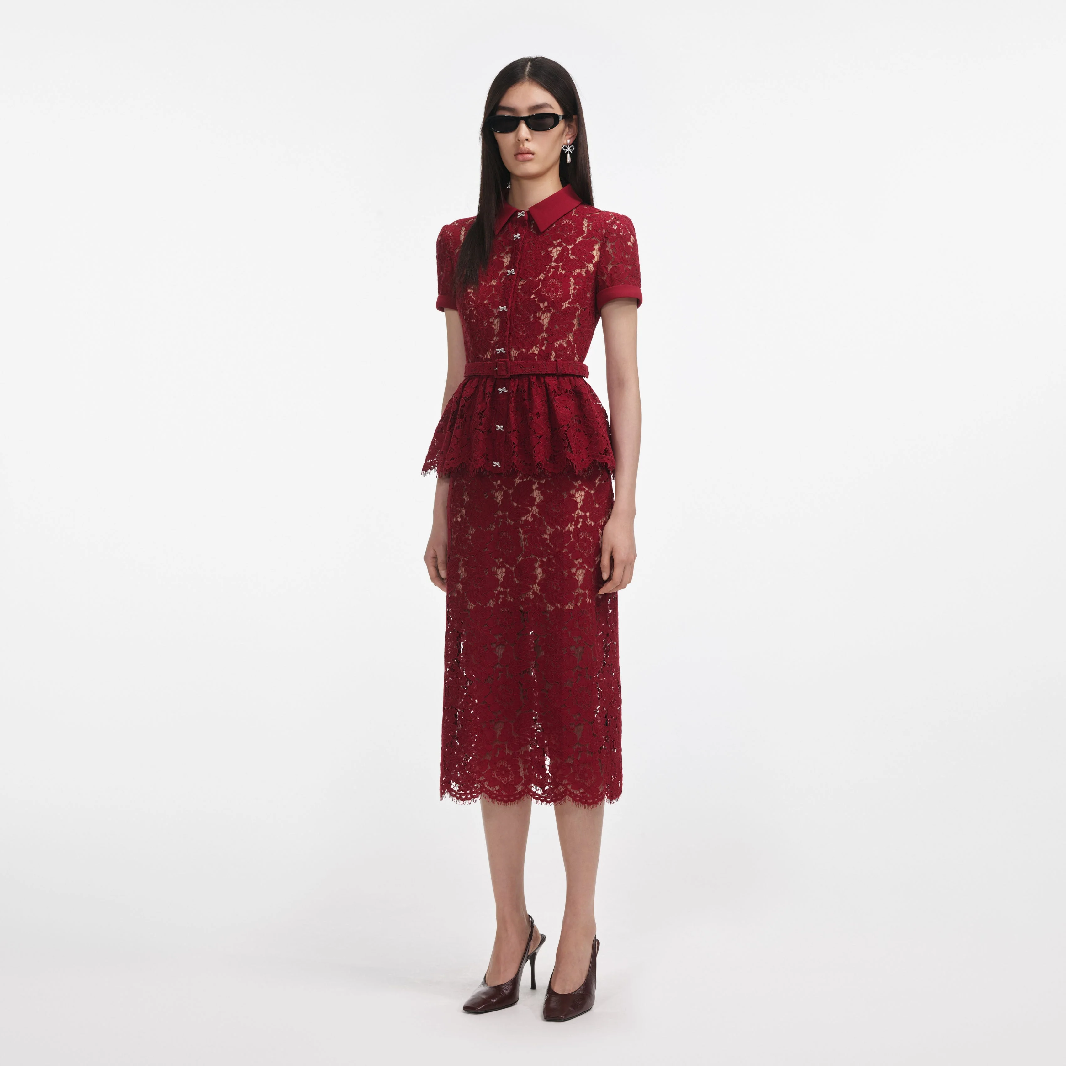 Burgundy Lace Peplum Midi Dress - Image 2