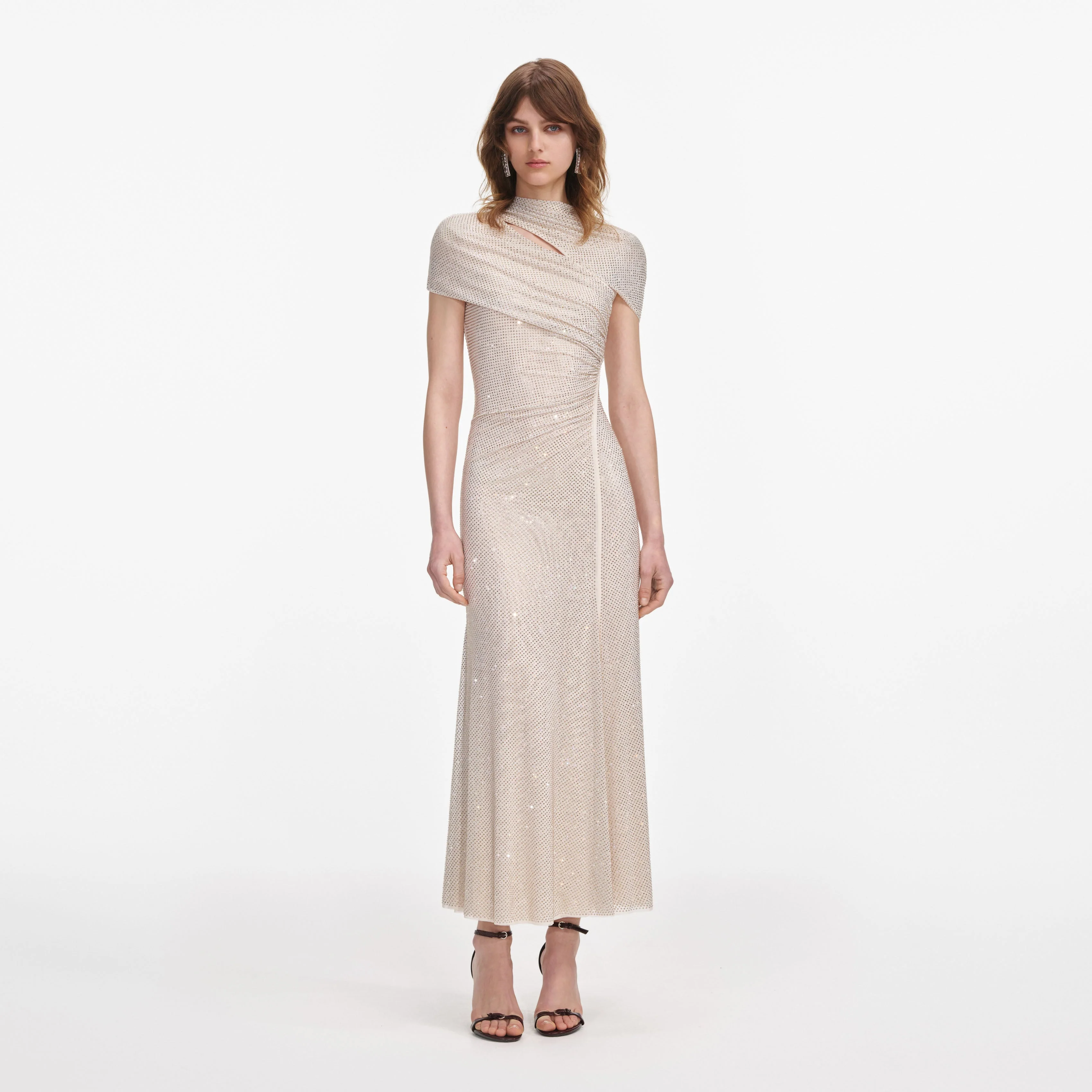 Champagne Rhinestone Mesh Cut Out Midi Dress