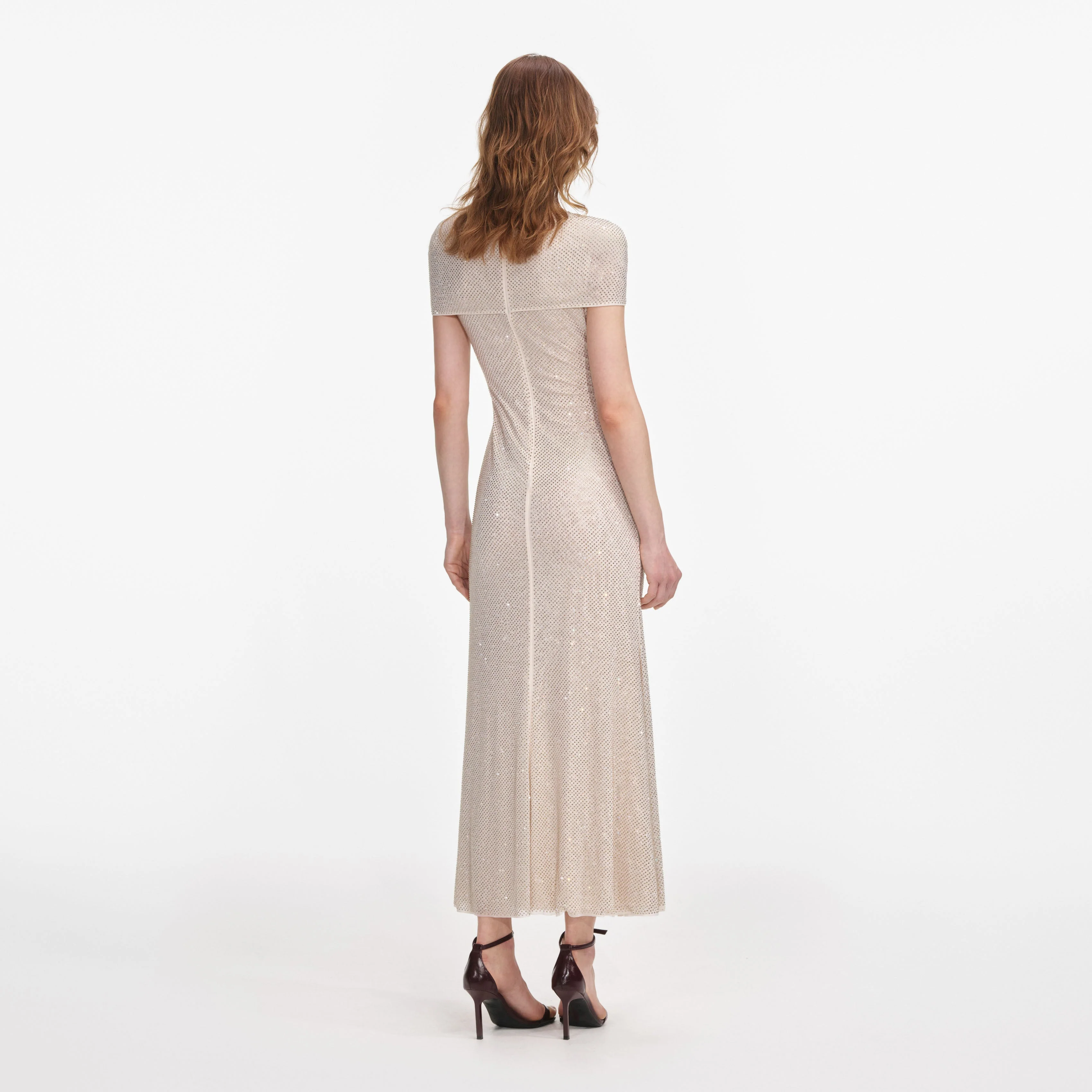 Champagne Rhinestone Mesh Cut Out Midi Dress - Image 3