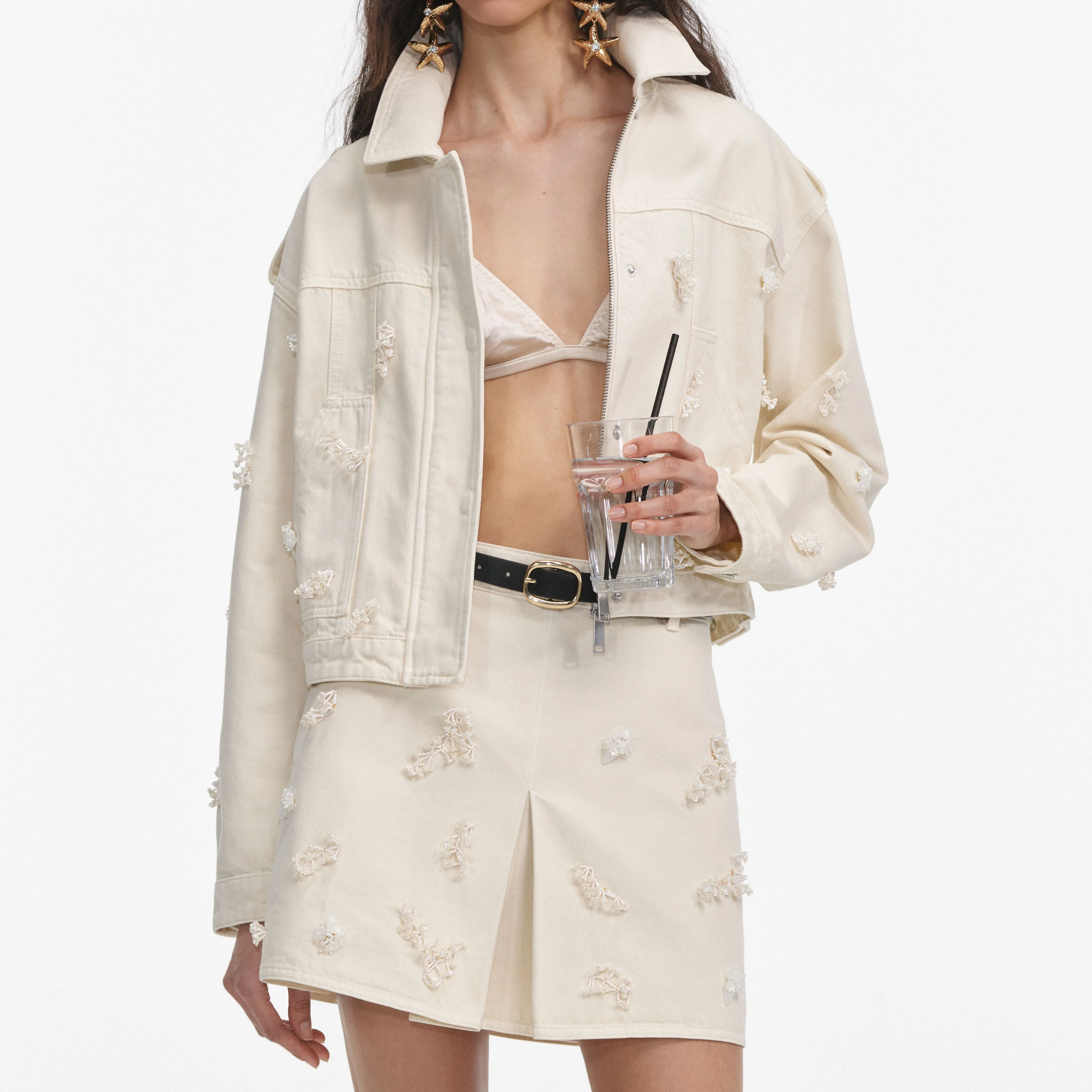 Cream Denim Beaded Floral Jacket - Image 4