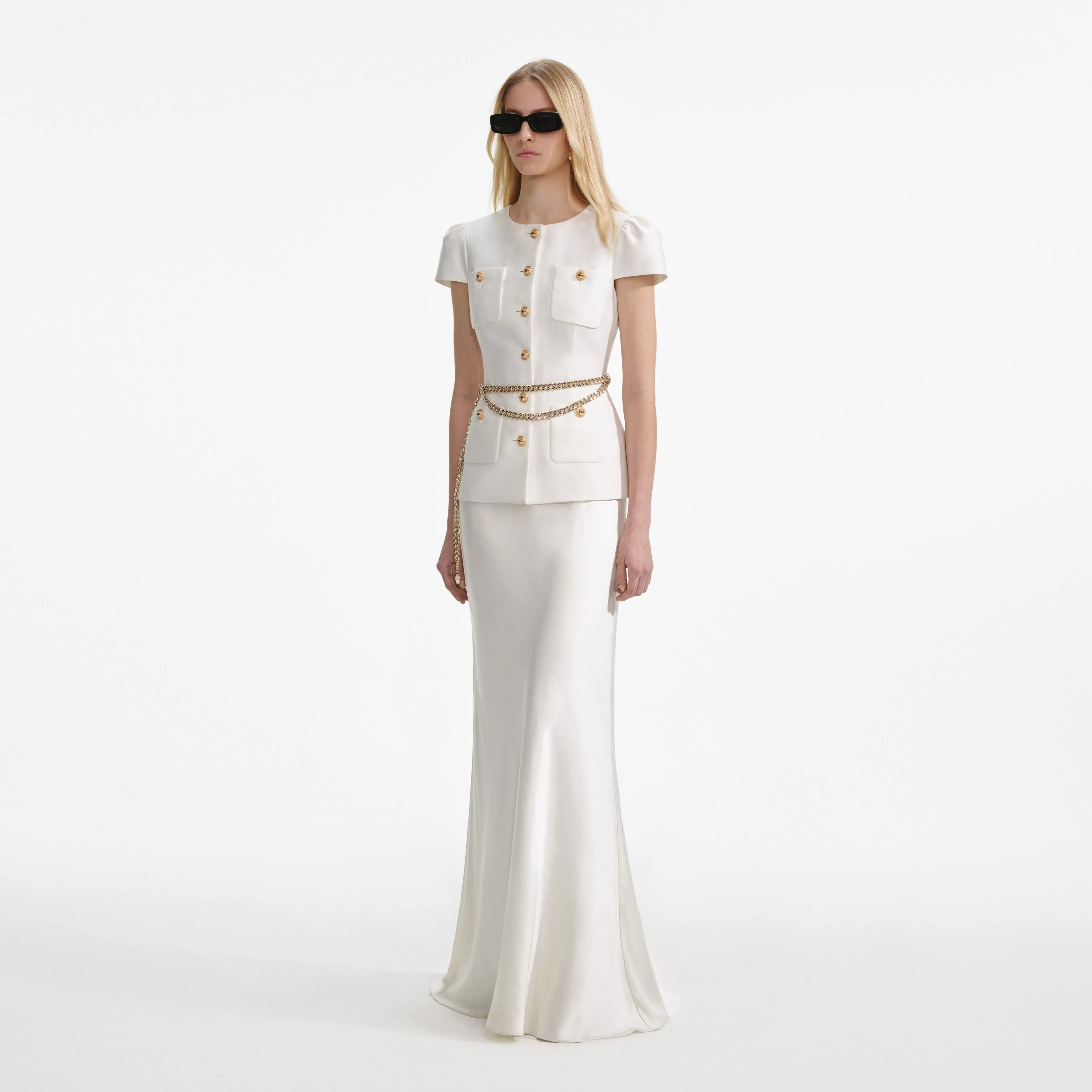 Cream Taffeta Chain Belt Maxi Dress - Image 2