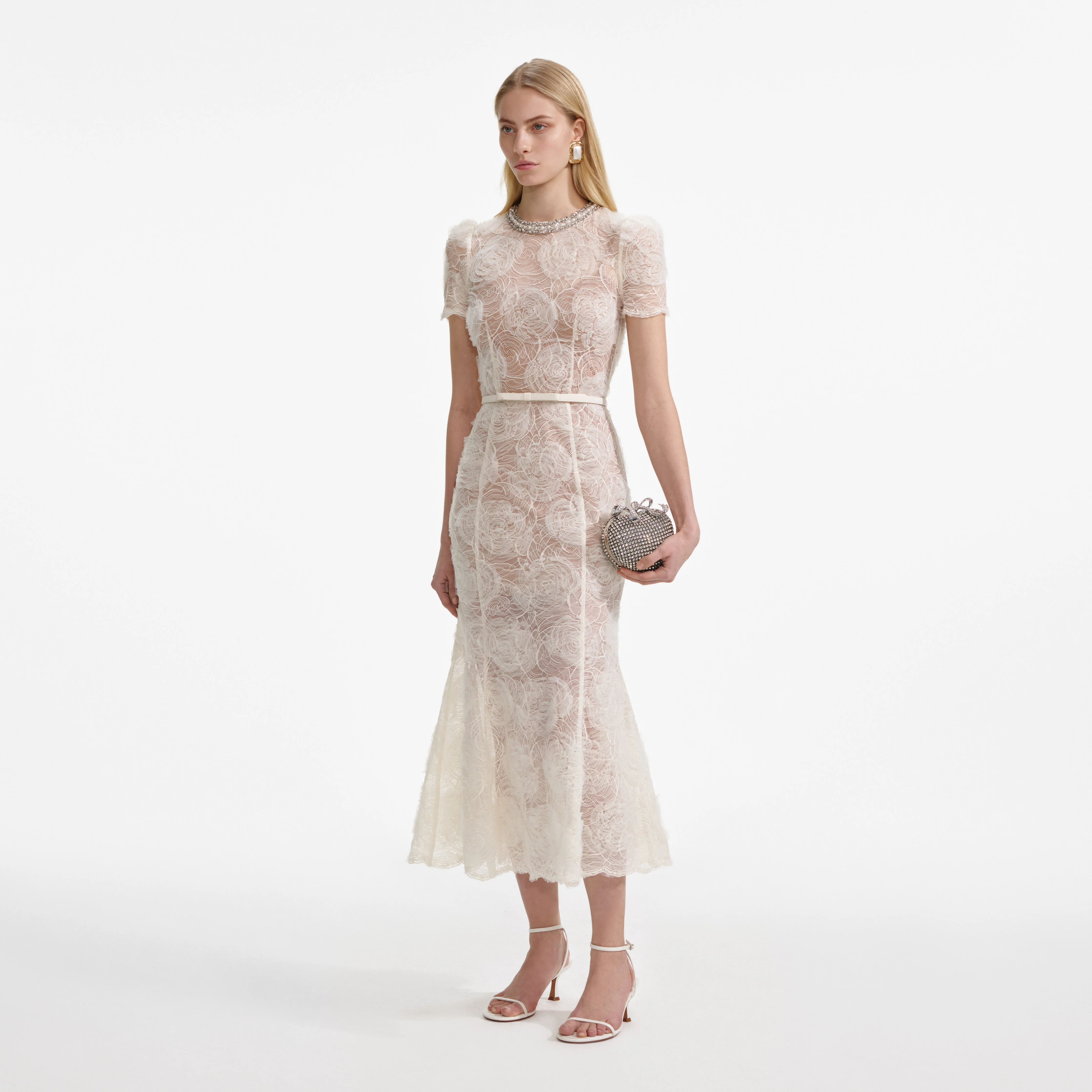 Cream Tulle Lace Midi Dress - Image 2