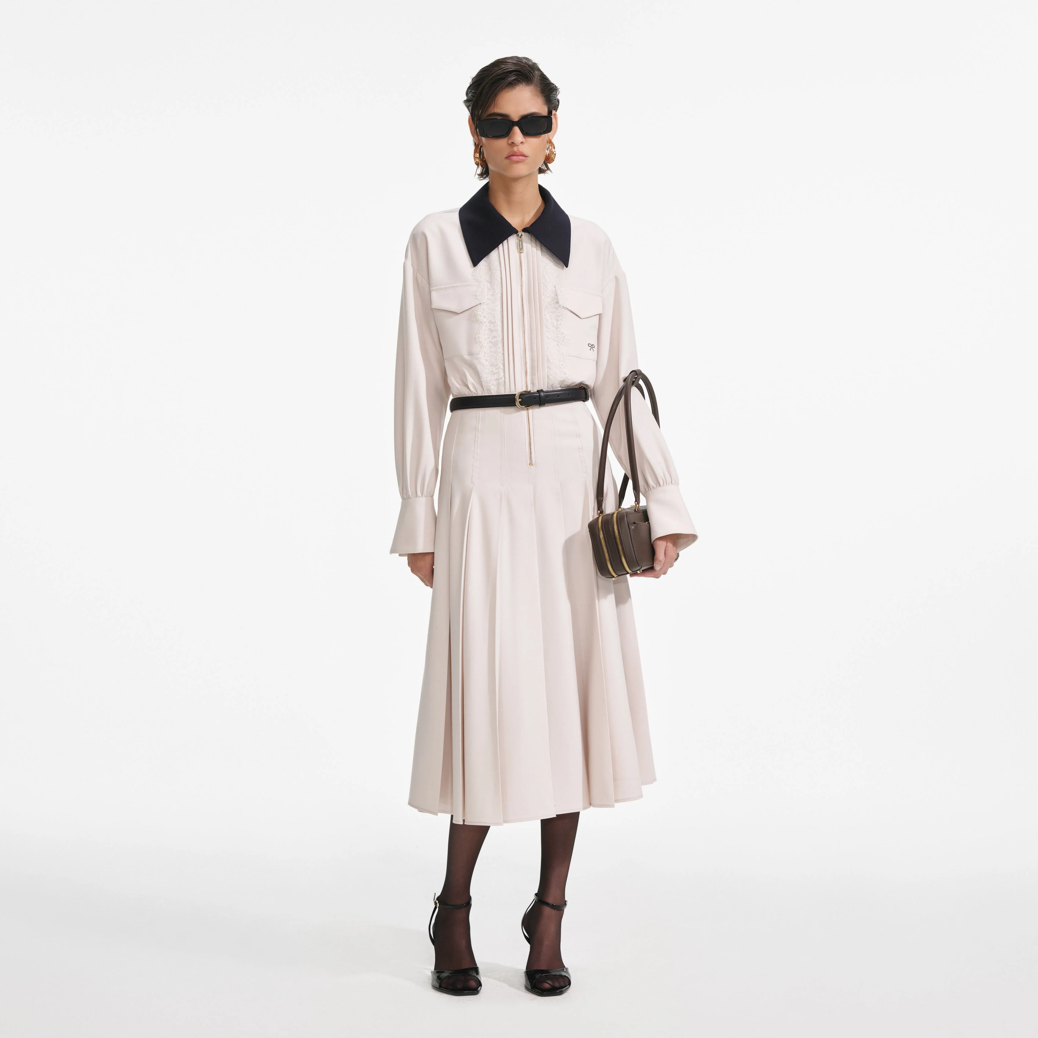 Cream Twill Contrast Collar Midi Dress