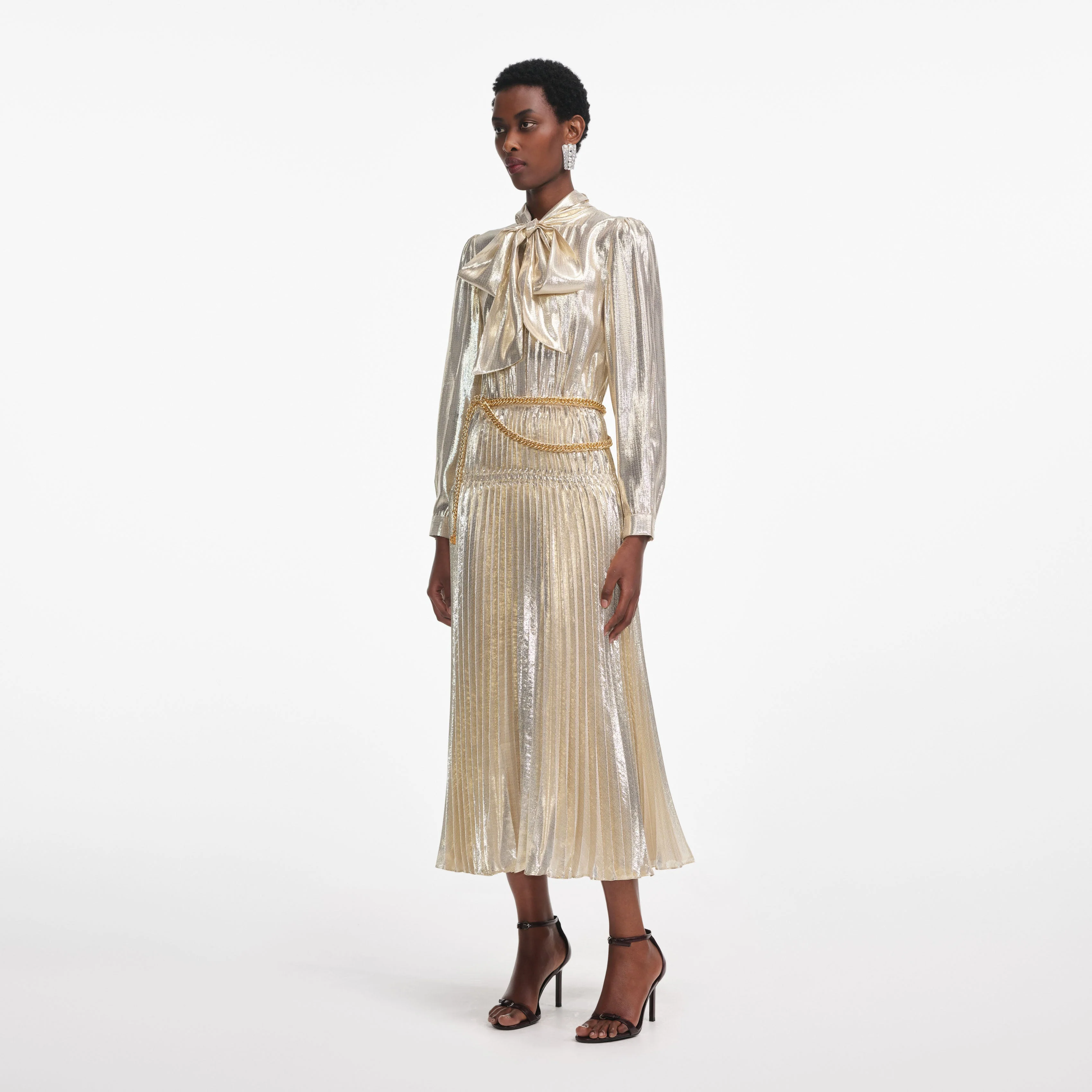 Gold Metallic Tie Neck Midi Dress - Image 2