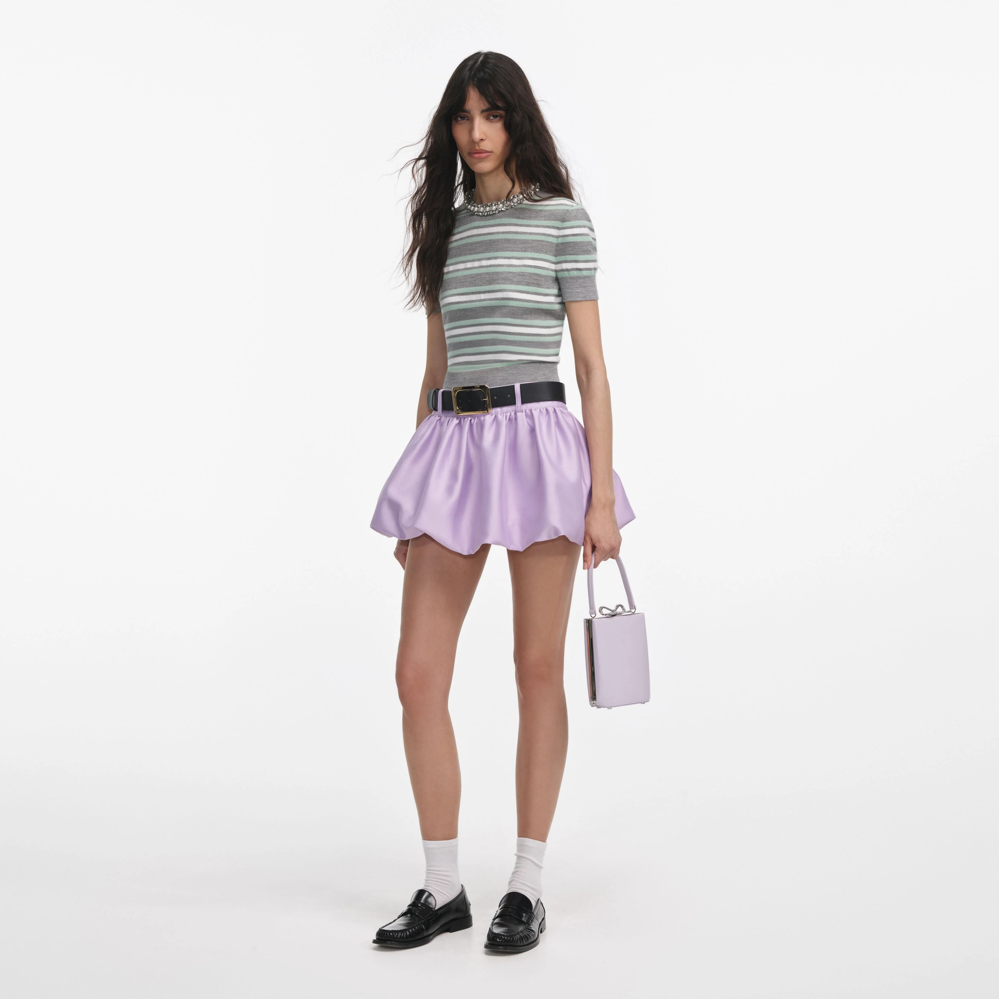 Grey Striped Crystal Trim Knit Top - Image 2
