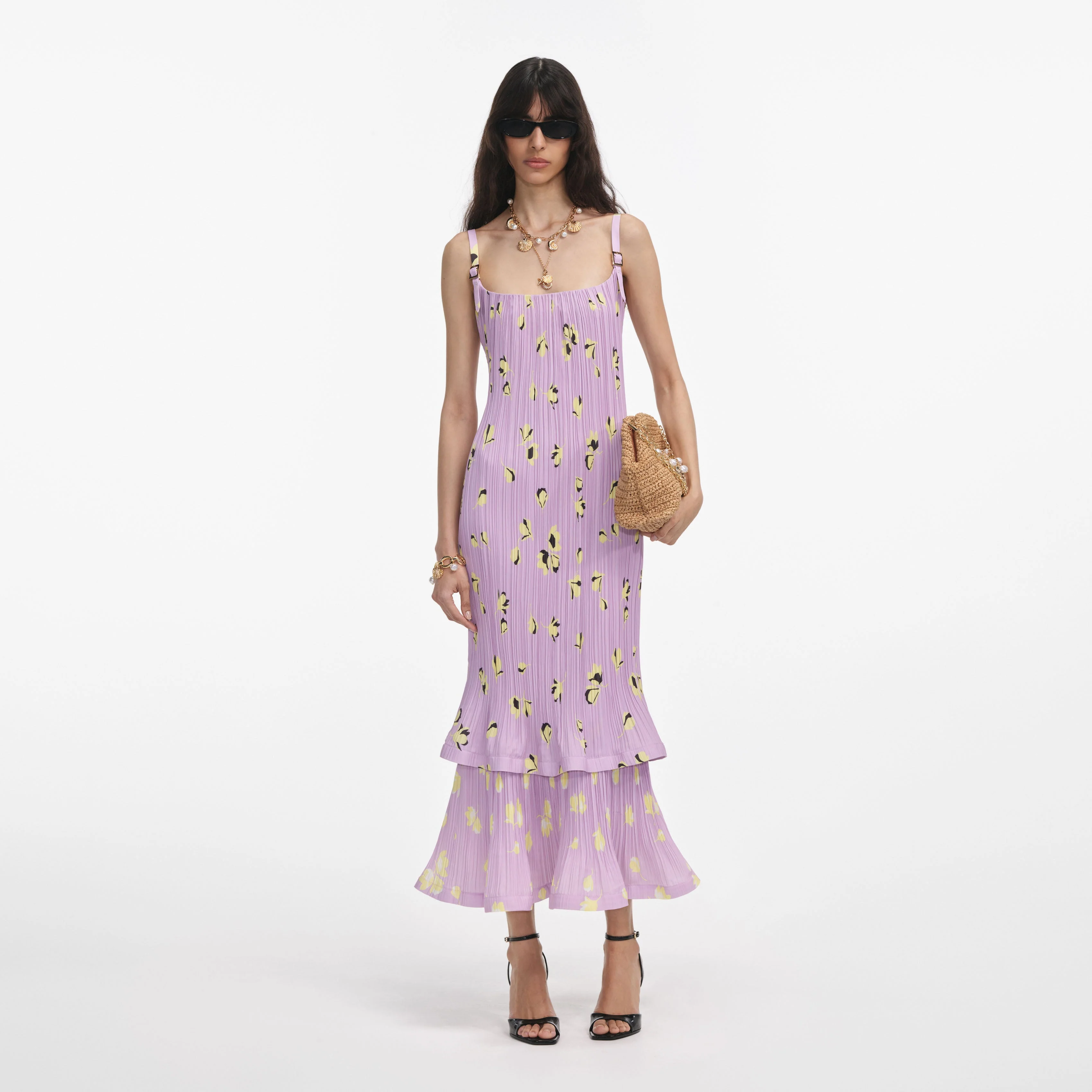 Lilac Floral Plisse Midi Dress