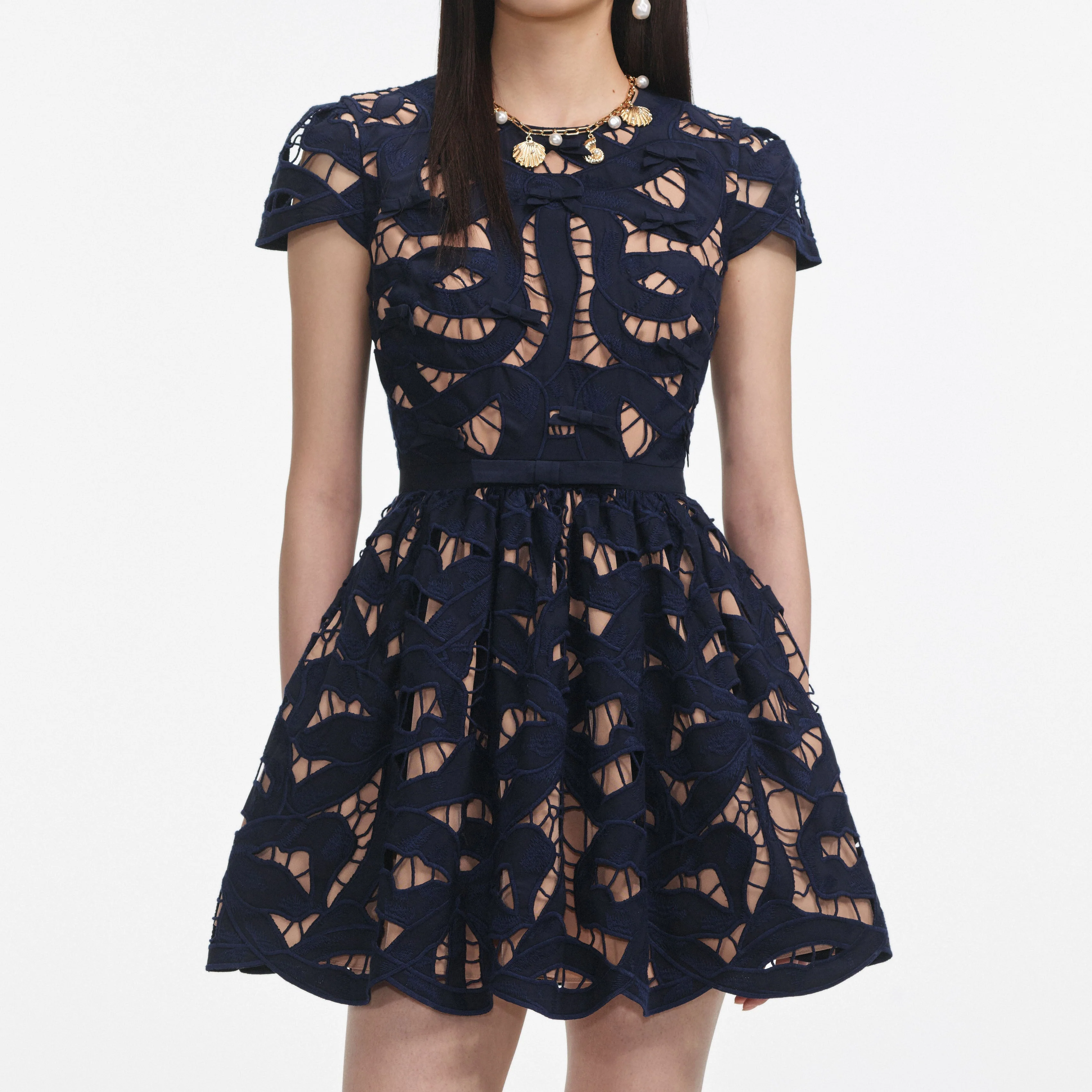 Navy Bow Embroidered Mini Dress - Image 4