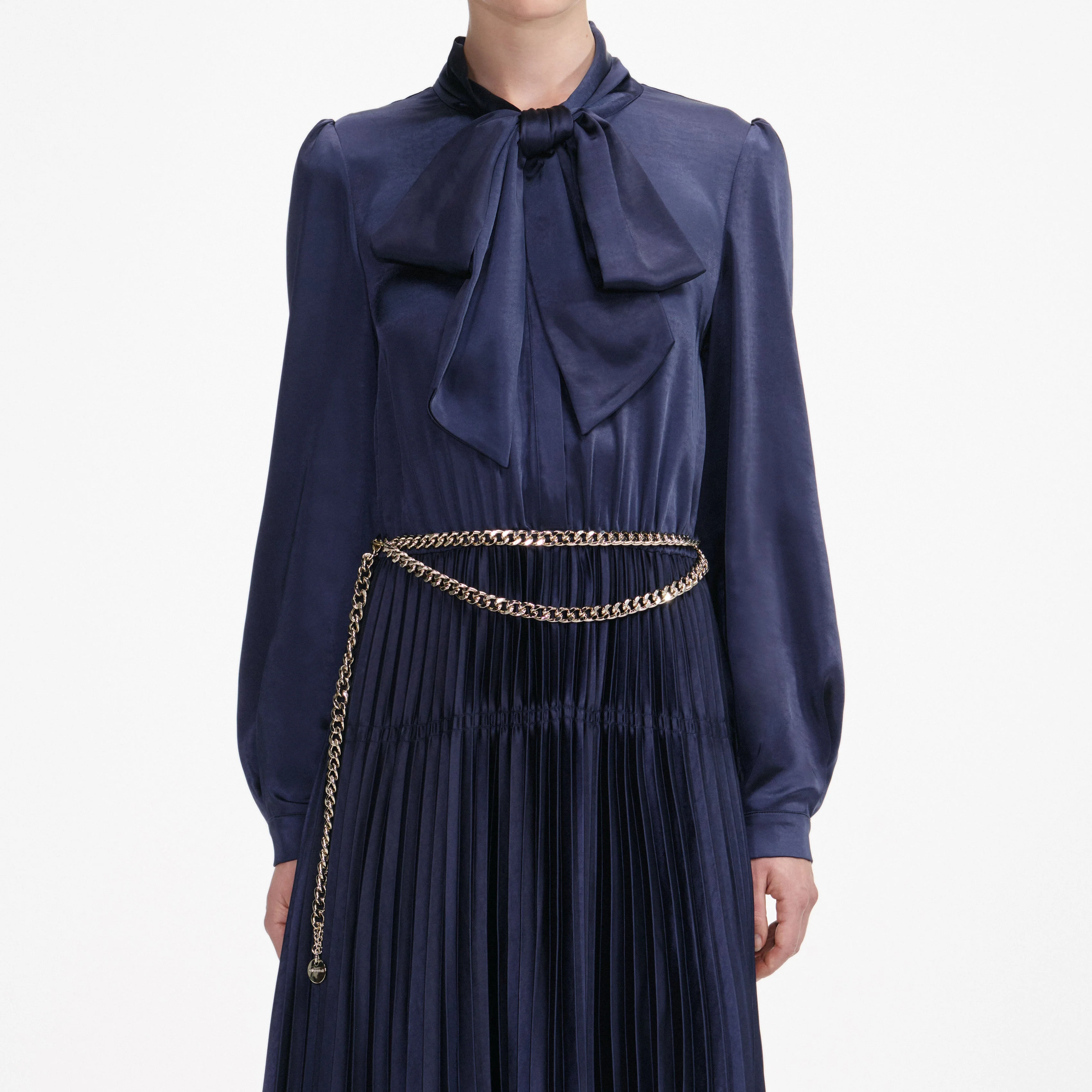 Navy Satin Tie Neck Maxi Dress - Image 4