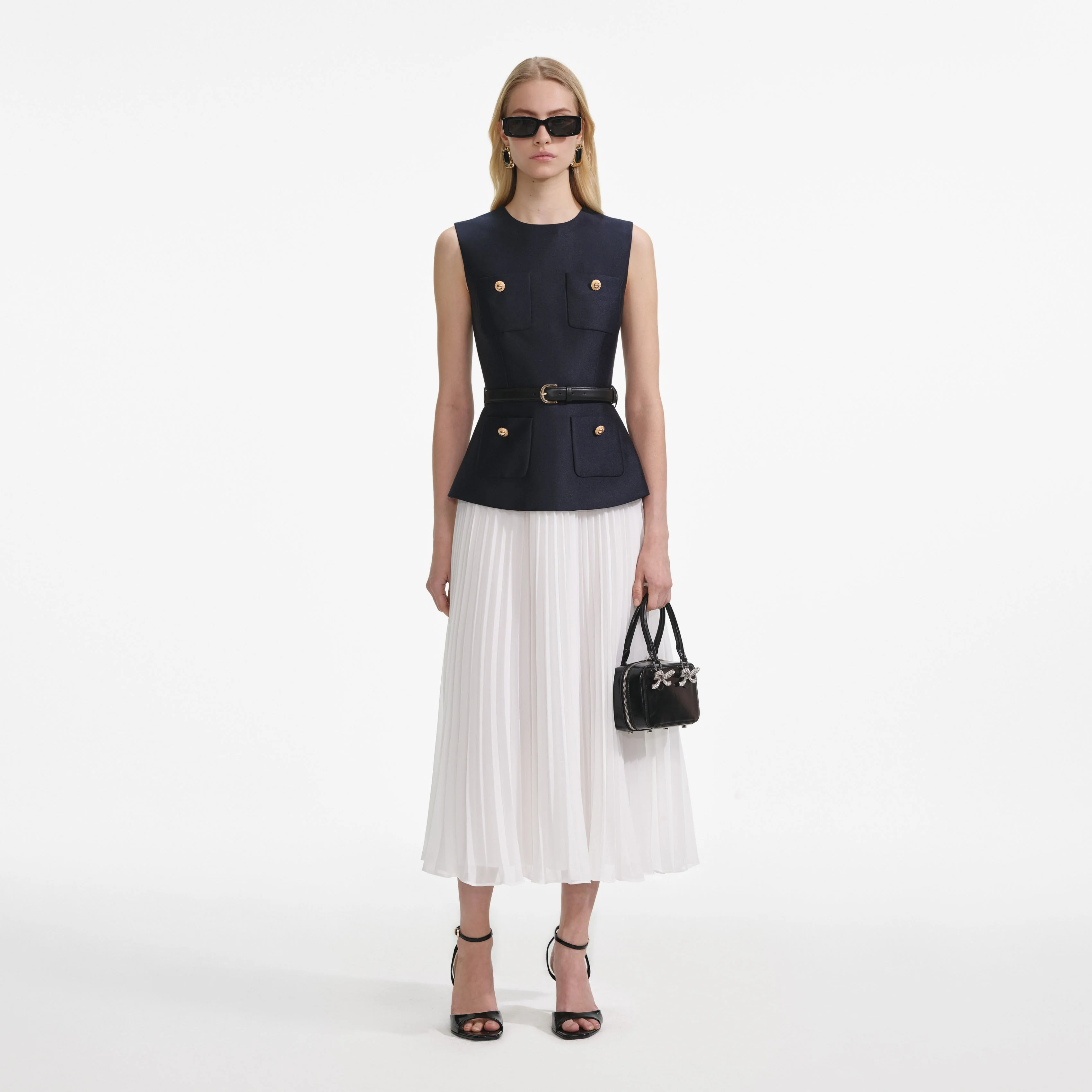 Navy Taffeta Midi Dress