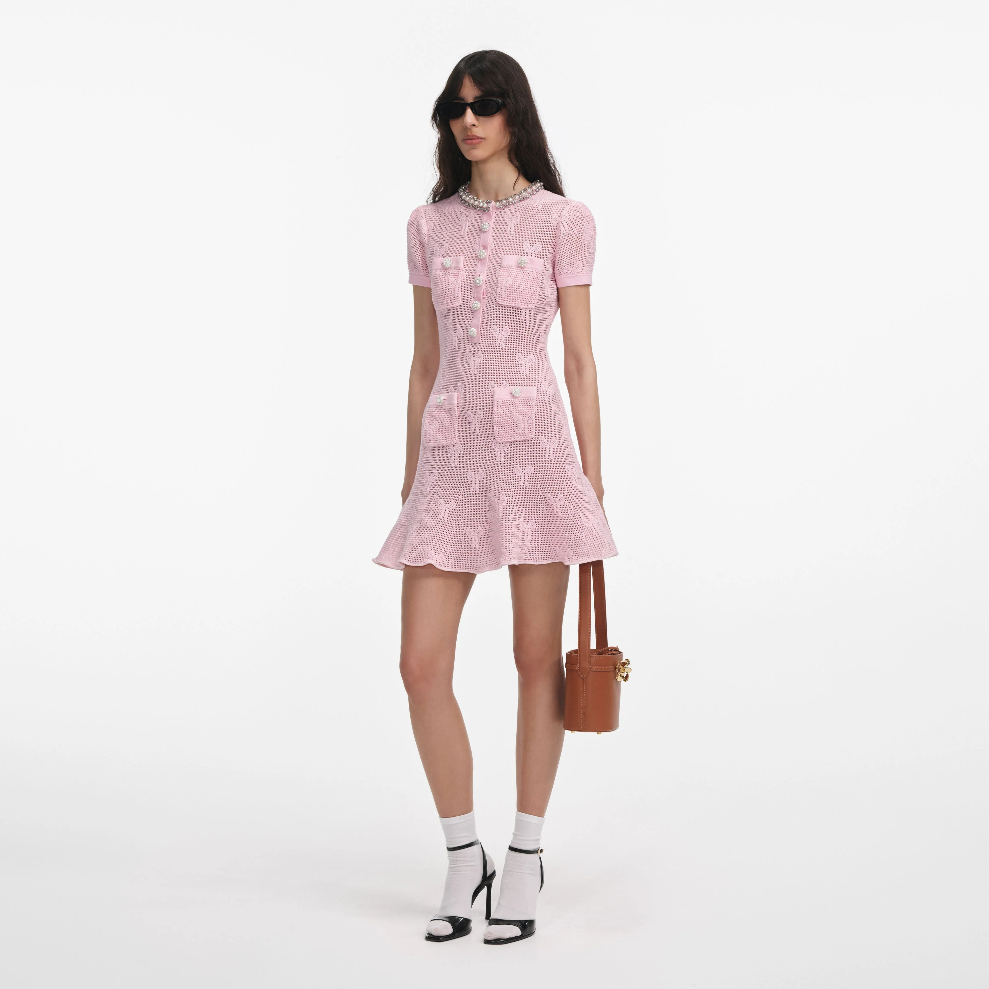 Pink Bow Crochet Crystal Trim Mini Dress - Image 2
