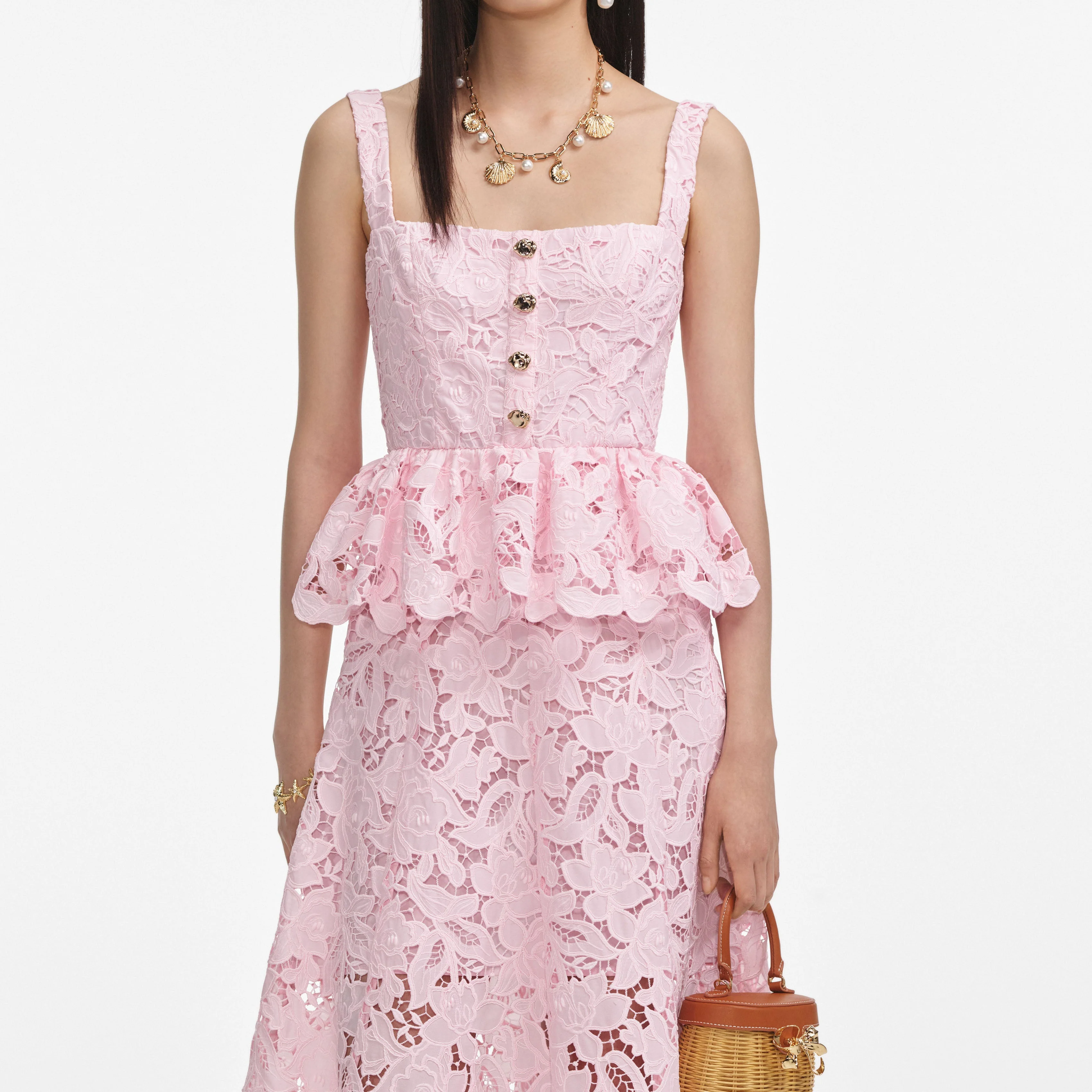 Pink Lace Peplum Midi Dress - Image 4