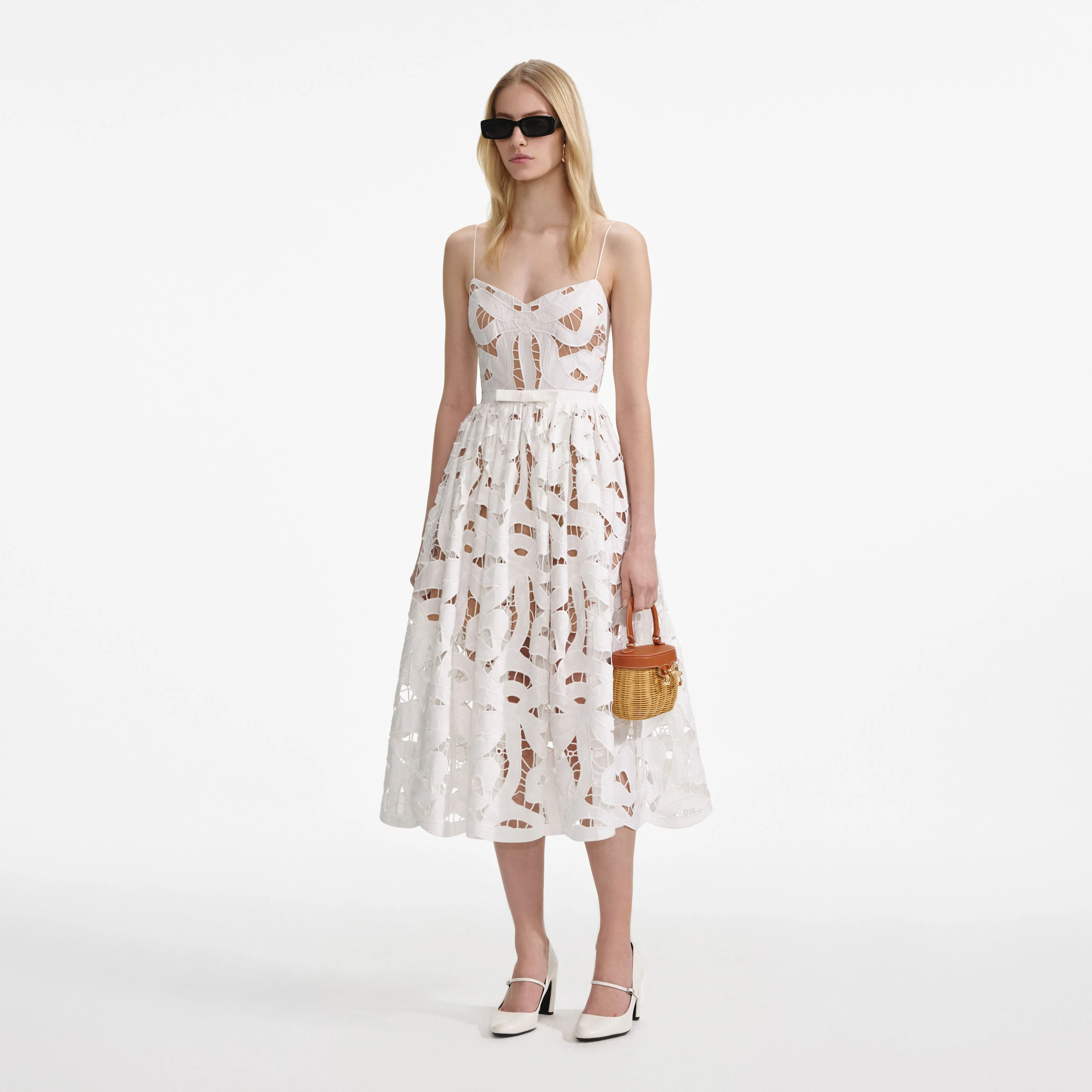 White Bow Embroidered Midi Dress - Image 2