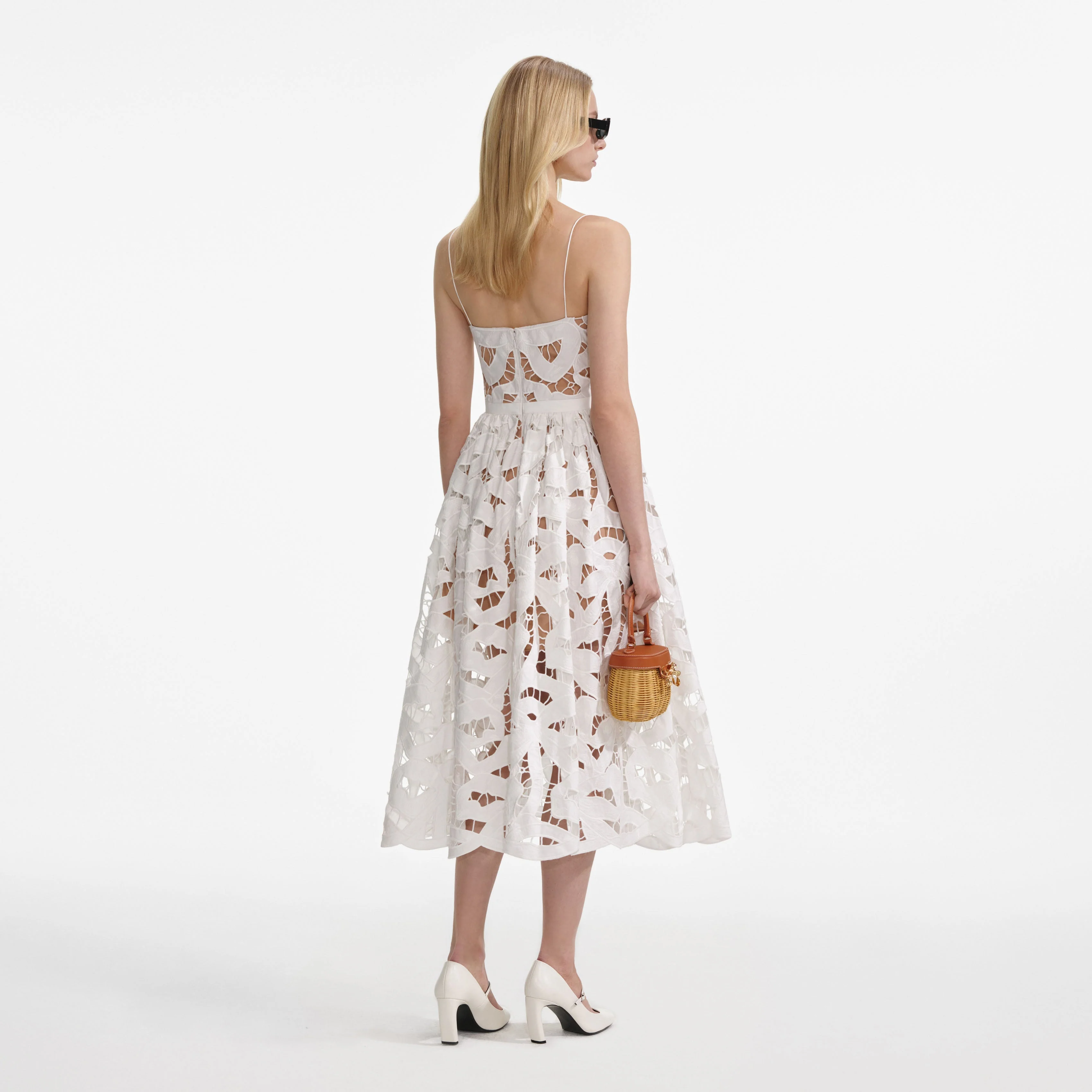 White Bow Embroidered Midi Dress - Image 3