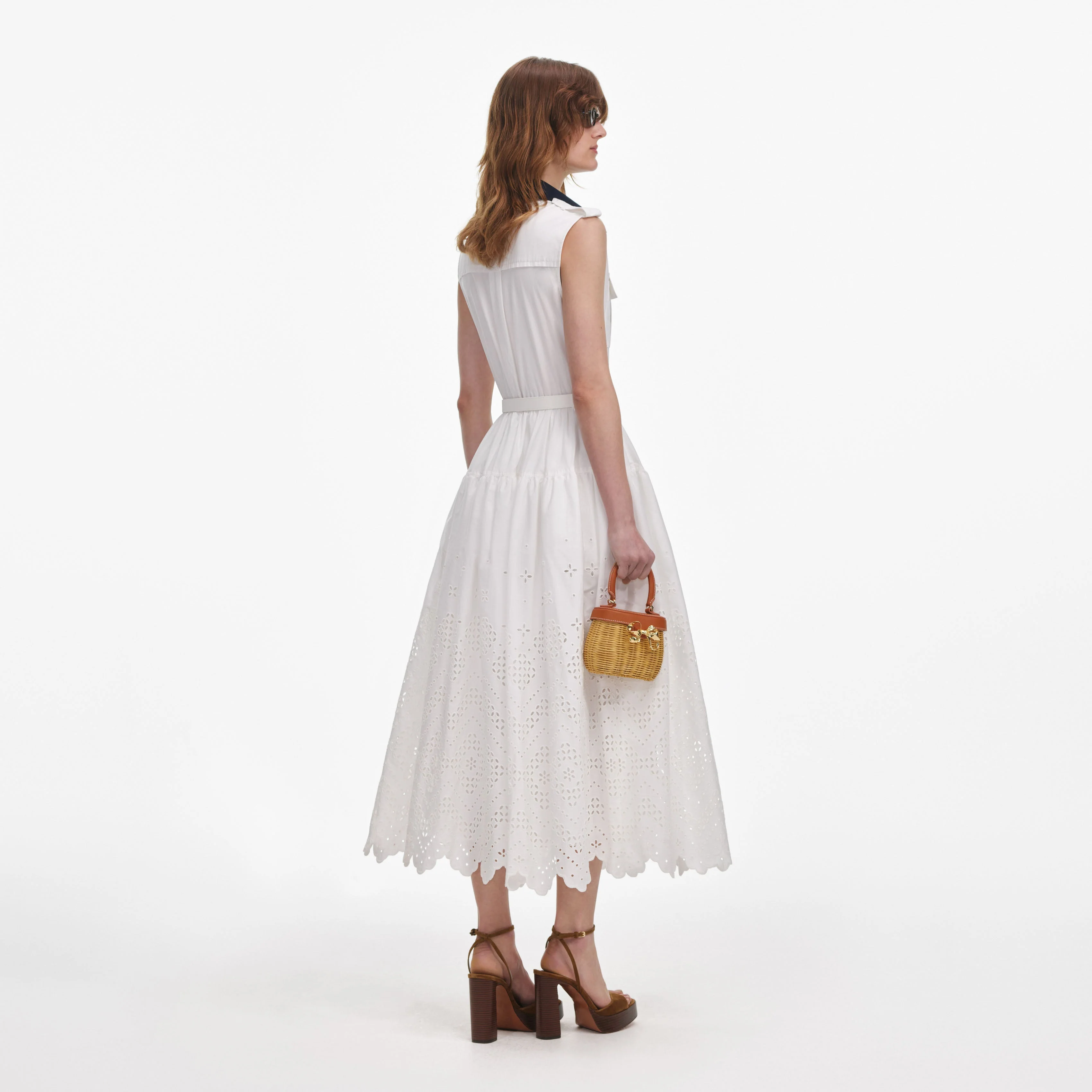 White Contrast Collar Broderie Midi Dress - Image 3