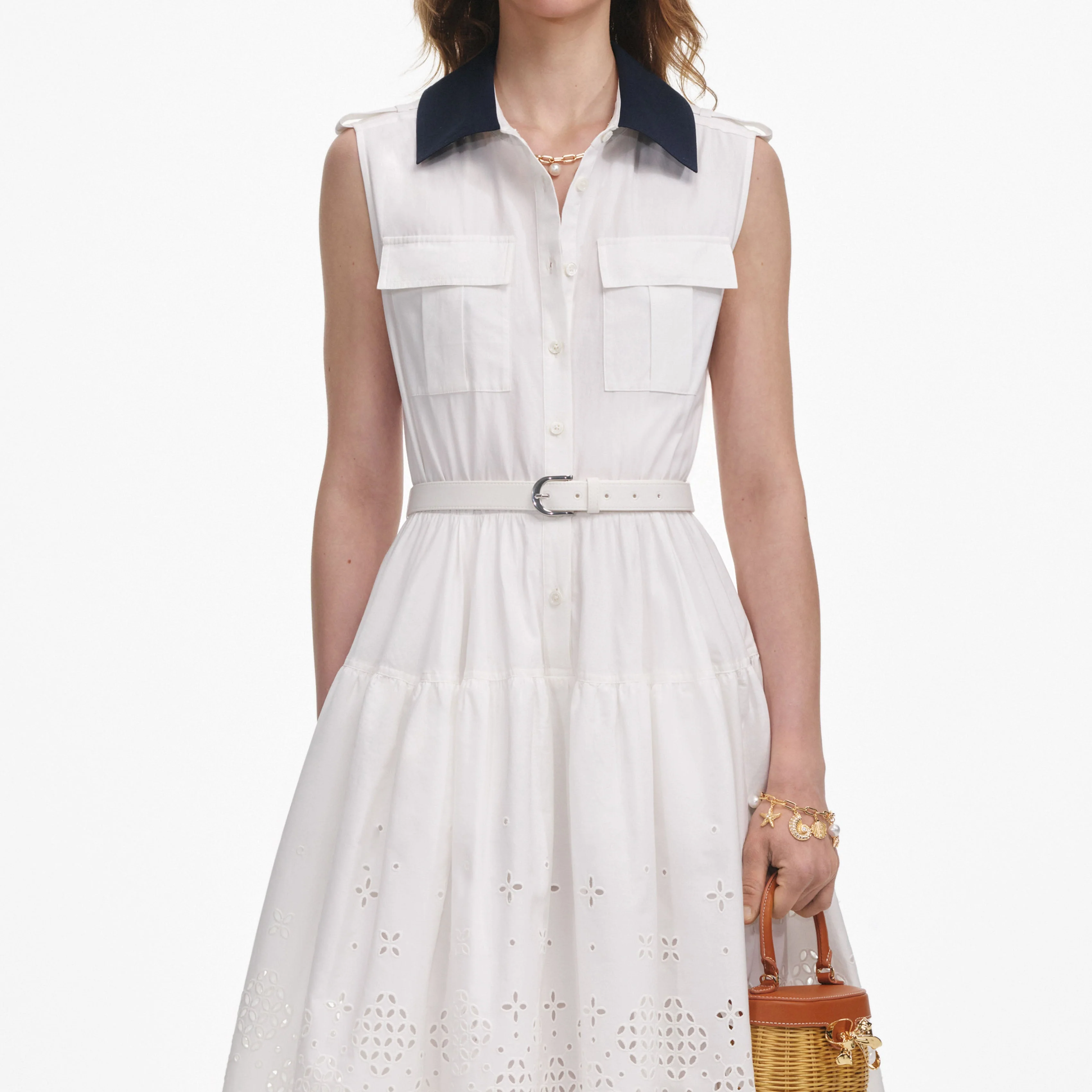 White Contrast Collar Broderie Midi Dress - Image 4