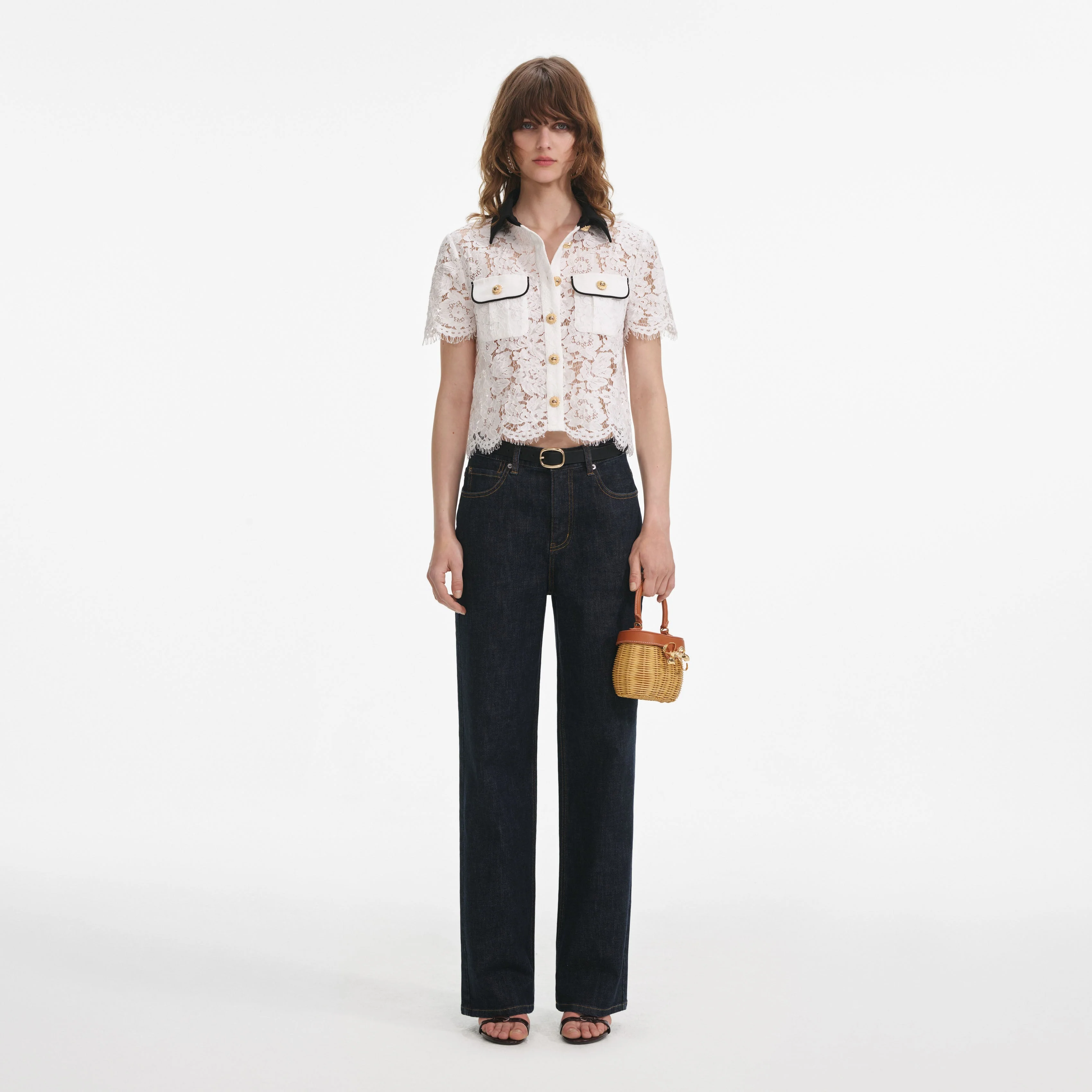 White Lace Contrast Collar Top