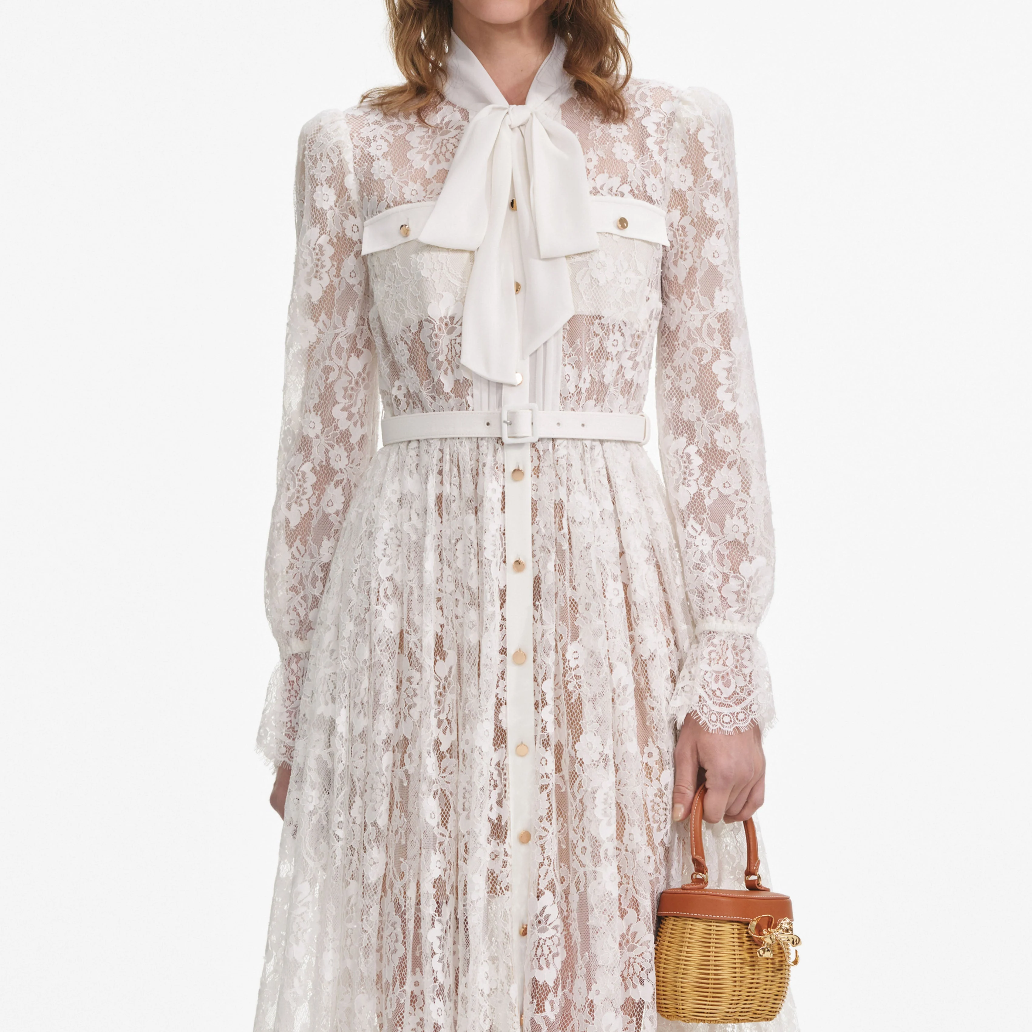 White Lace Tie Neck Midi Dress - Image 4