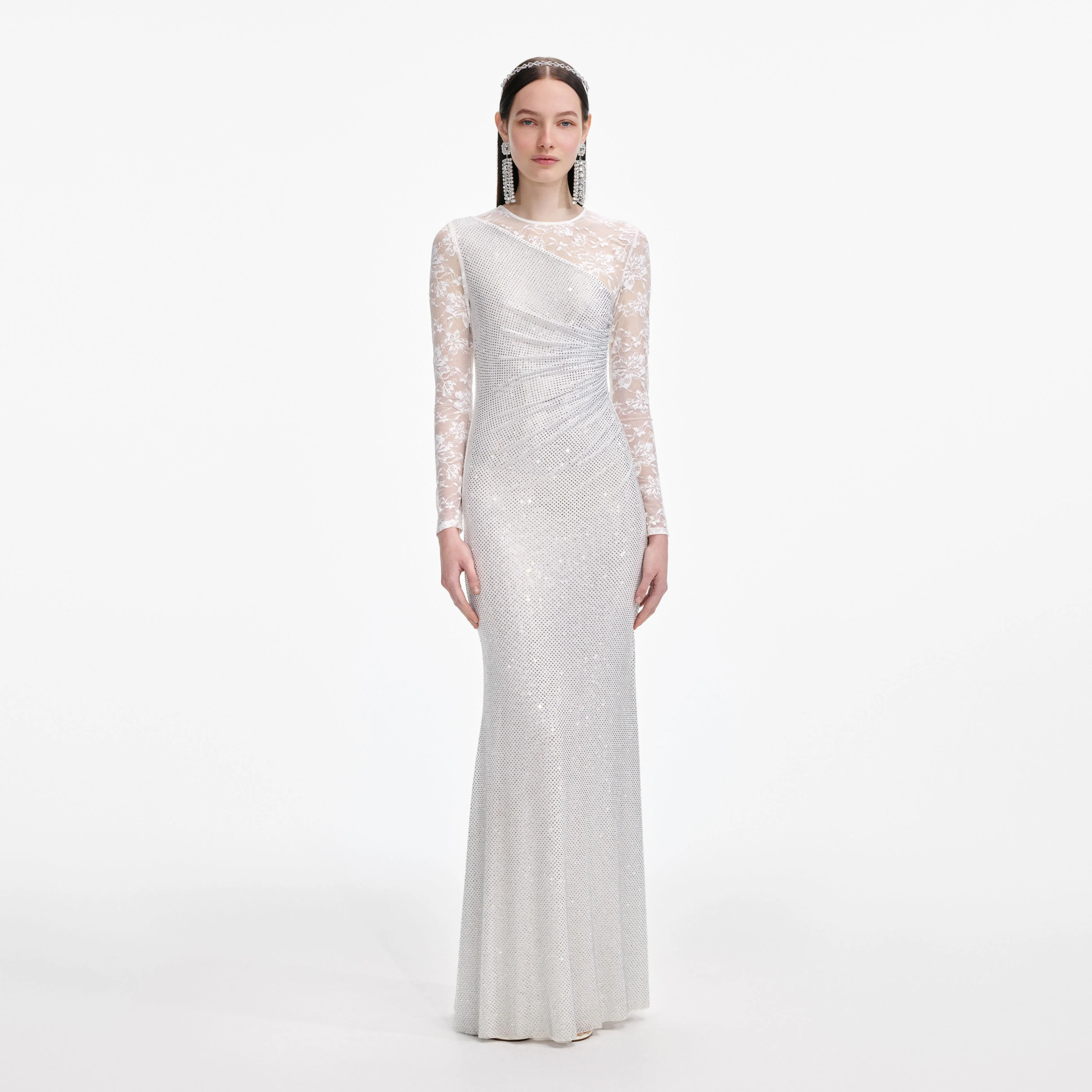 White Rhinestone Lace Sleeves Maxi Dress