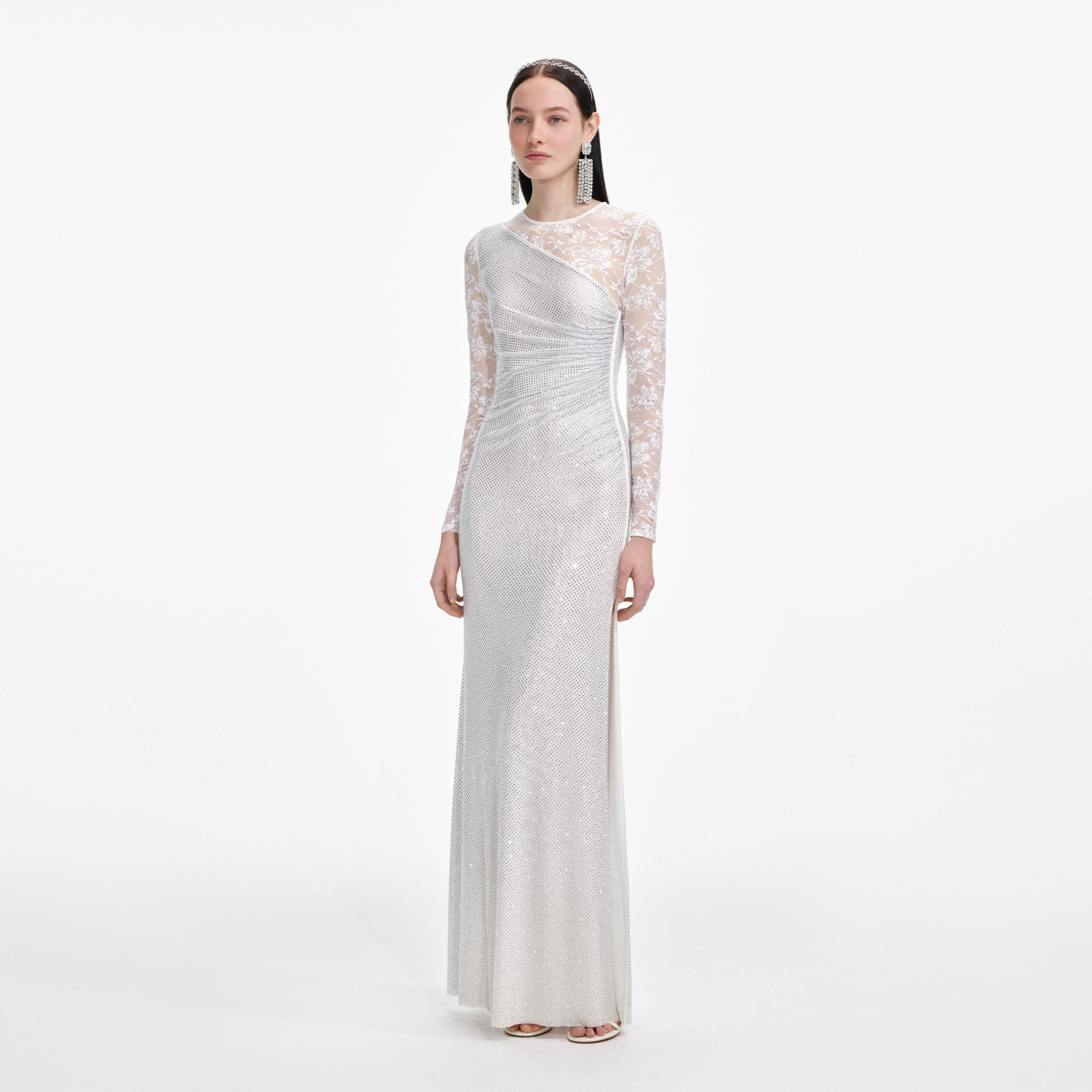 White Rhinestone Lace Sleeves Maxi Dress - Image 2