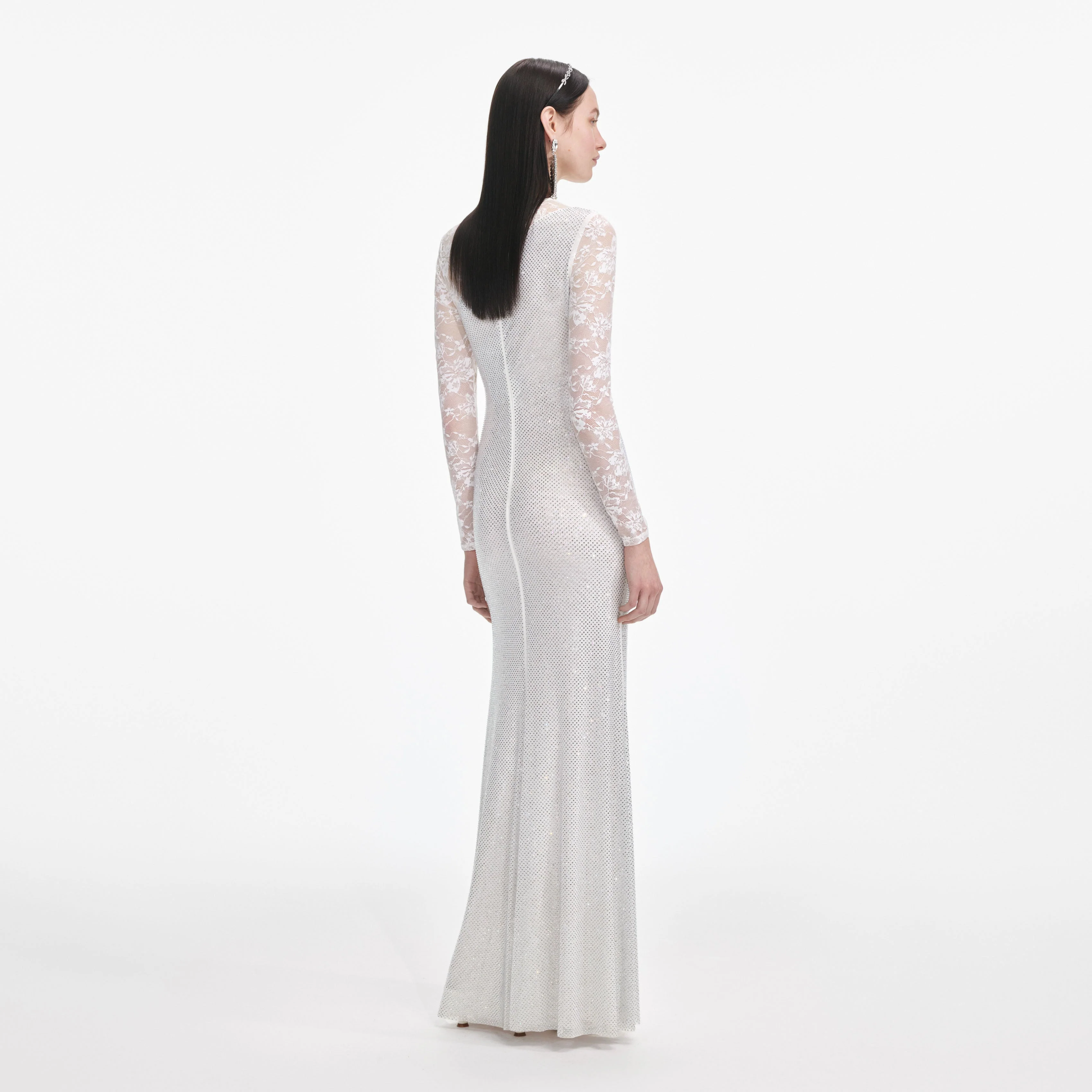 White Rhinestone Lace Sleeves Maxi Dress - Image 3