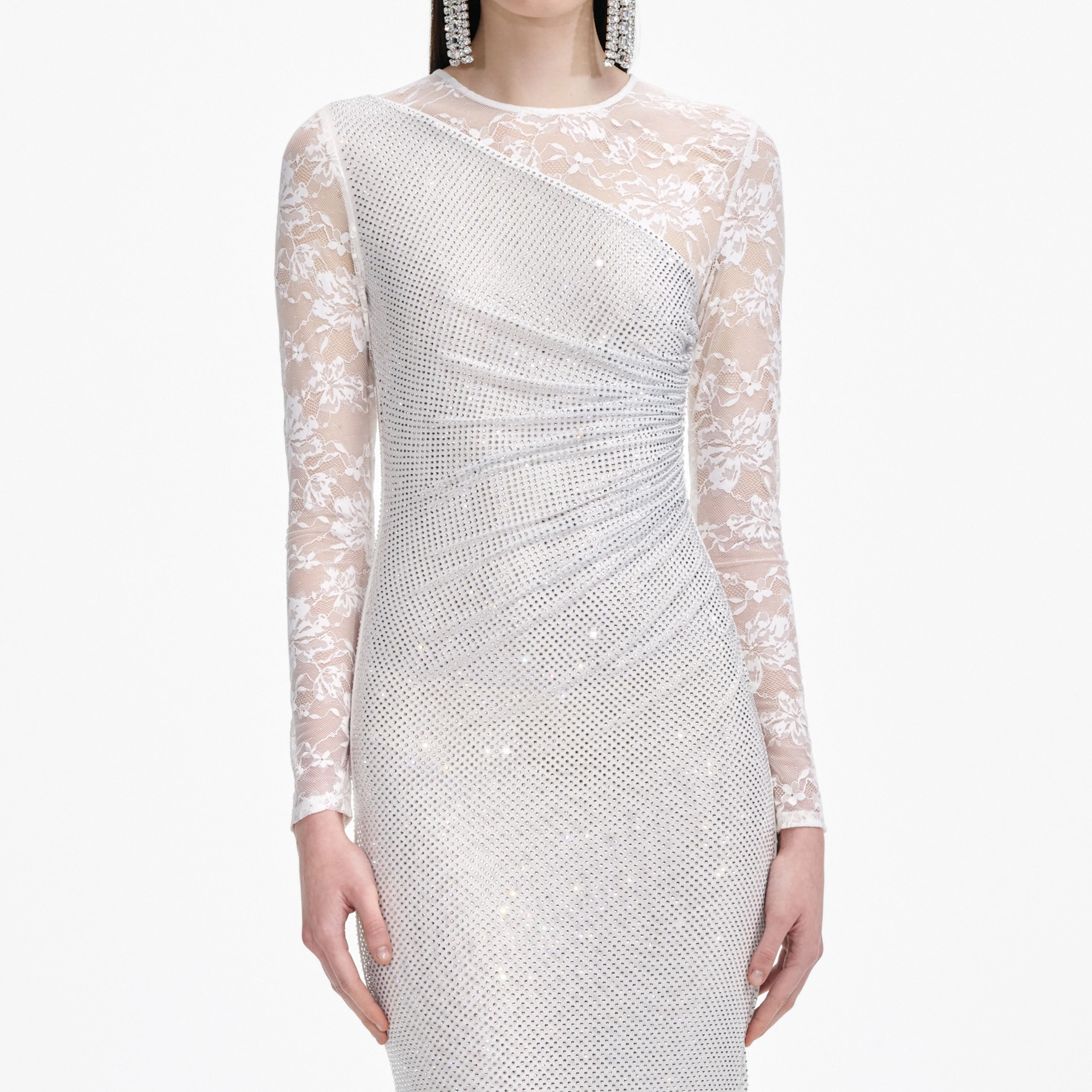 White Rhinestone Lace Sleeves Maxi Dress - Image 4