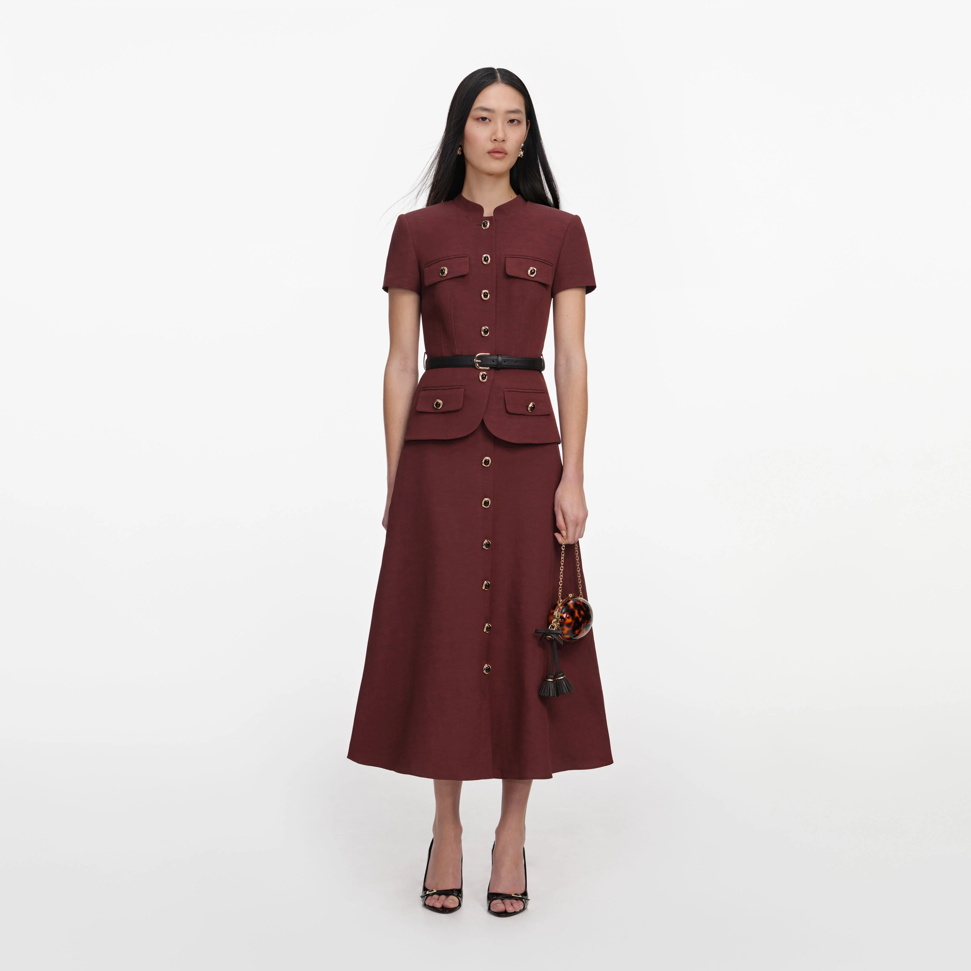 Brown Peplum Linen Blend Midi Dress