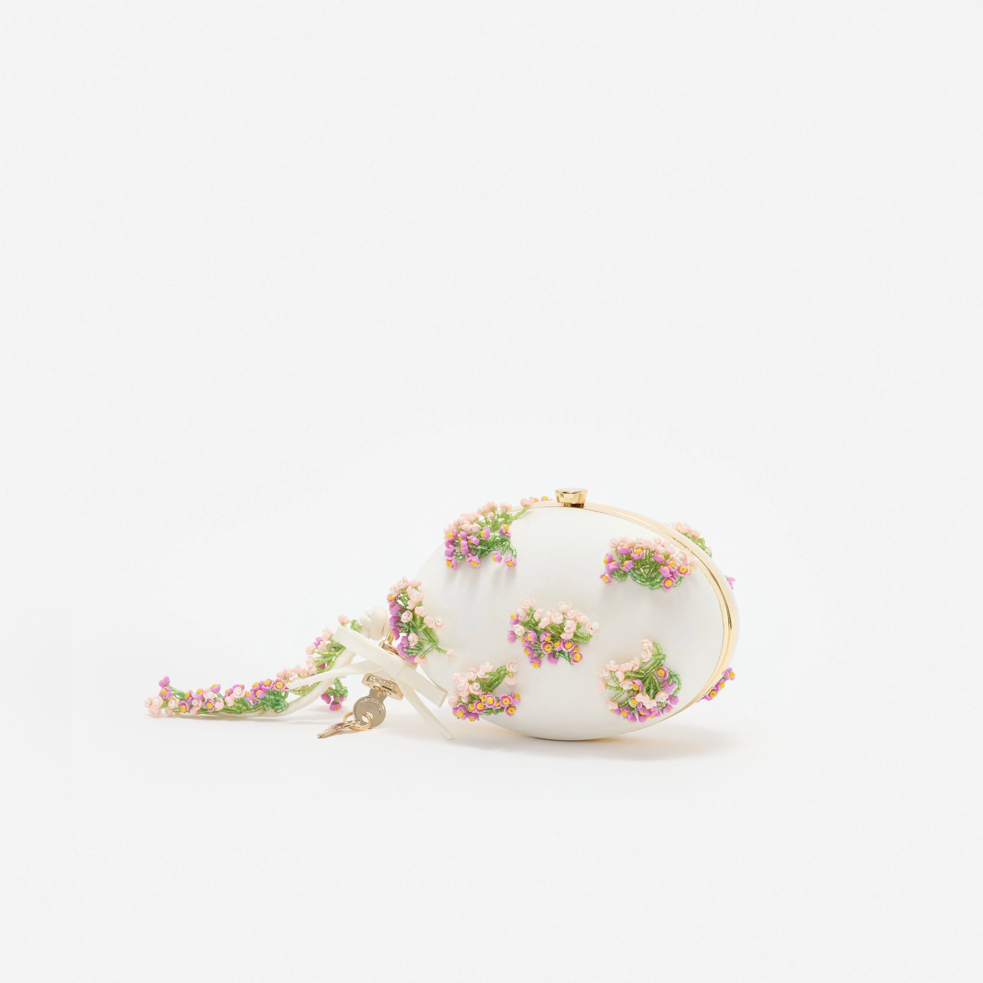 Cream Satin Pink Floral Beaded Oval Clutch - Image 2