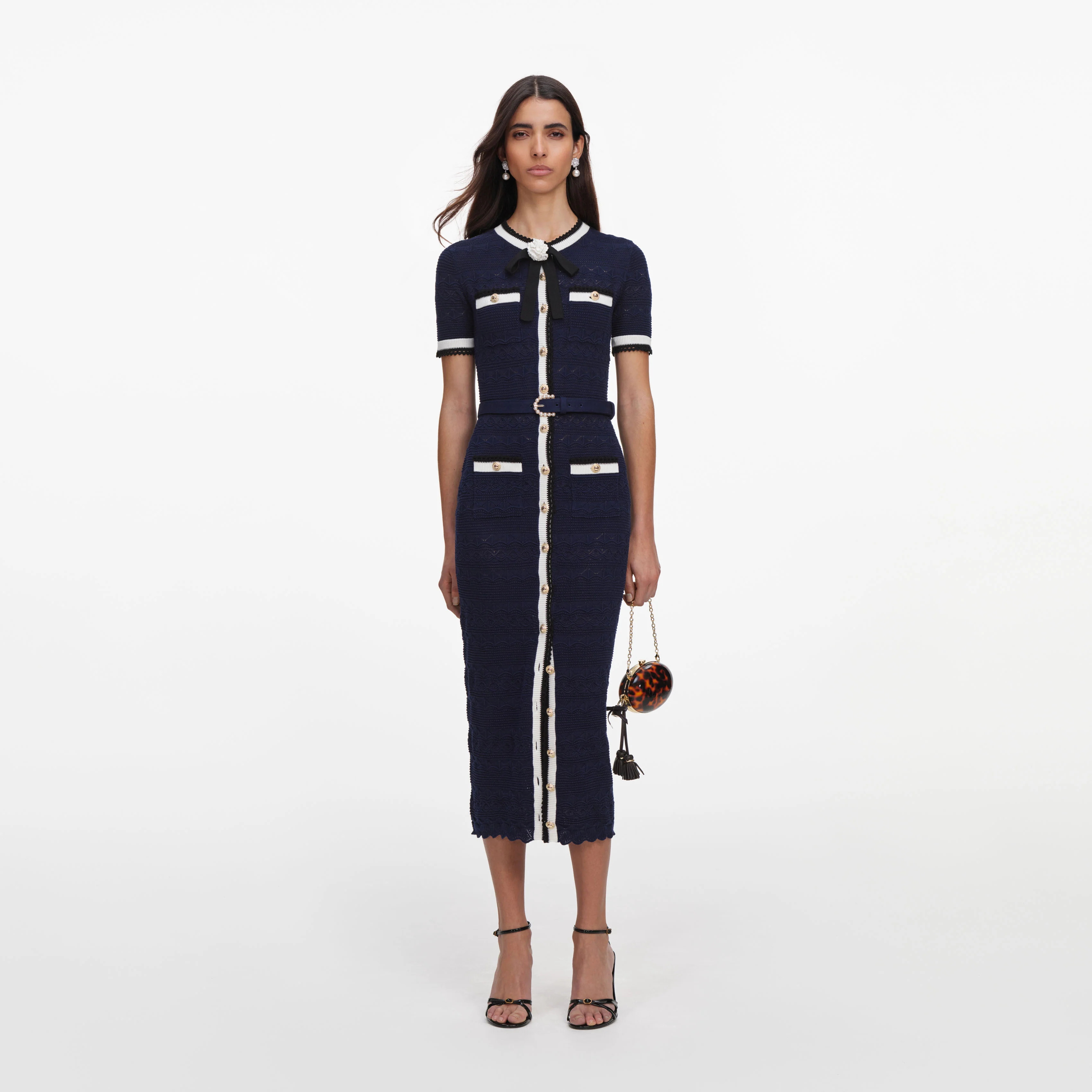 Navy Pointelle Knit Midi Dress